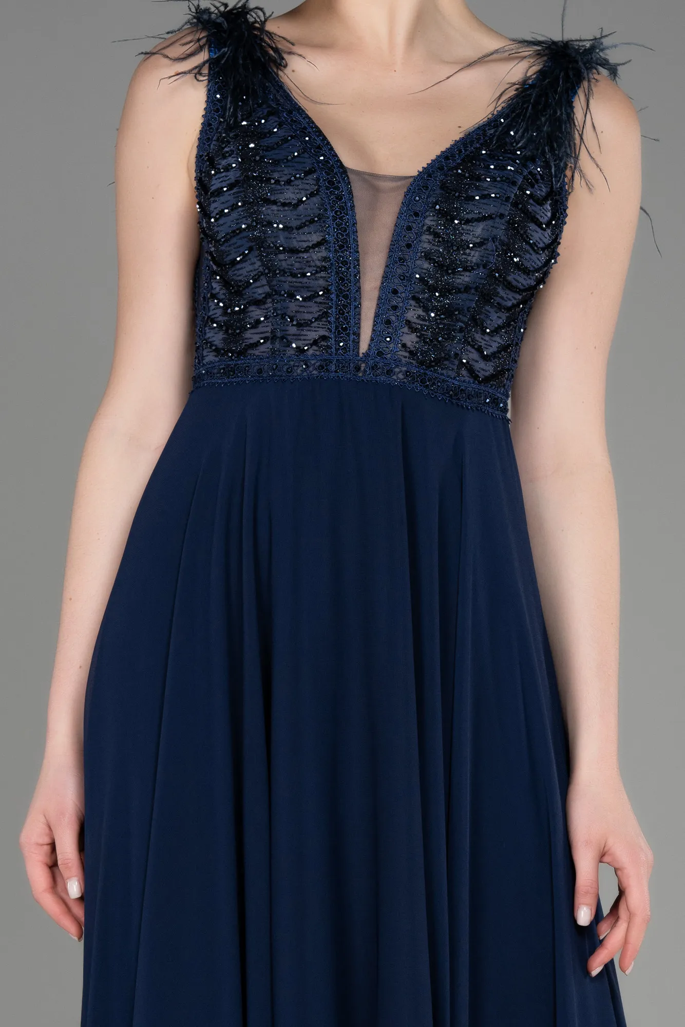 Navy Blue-Sleeveless Long Chiffon Evening Dress ABU3856