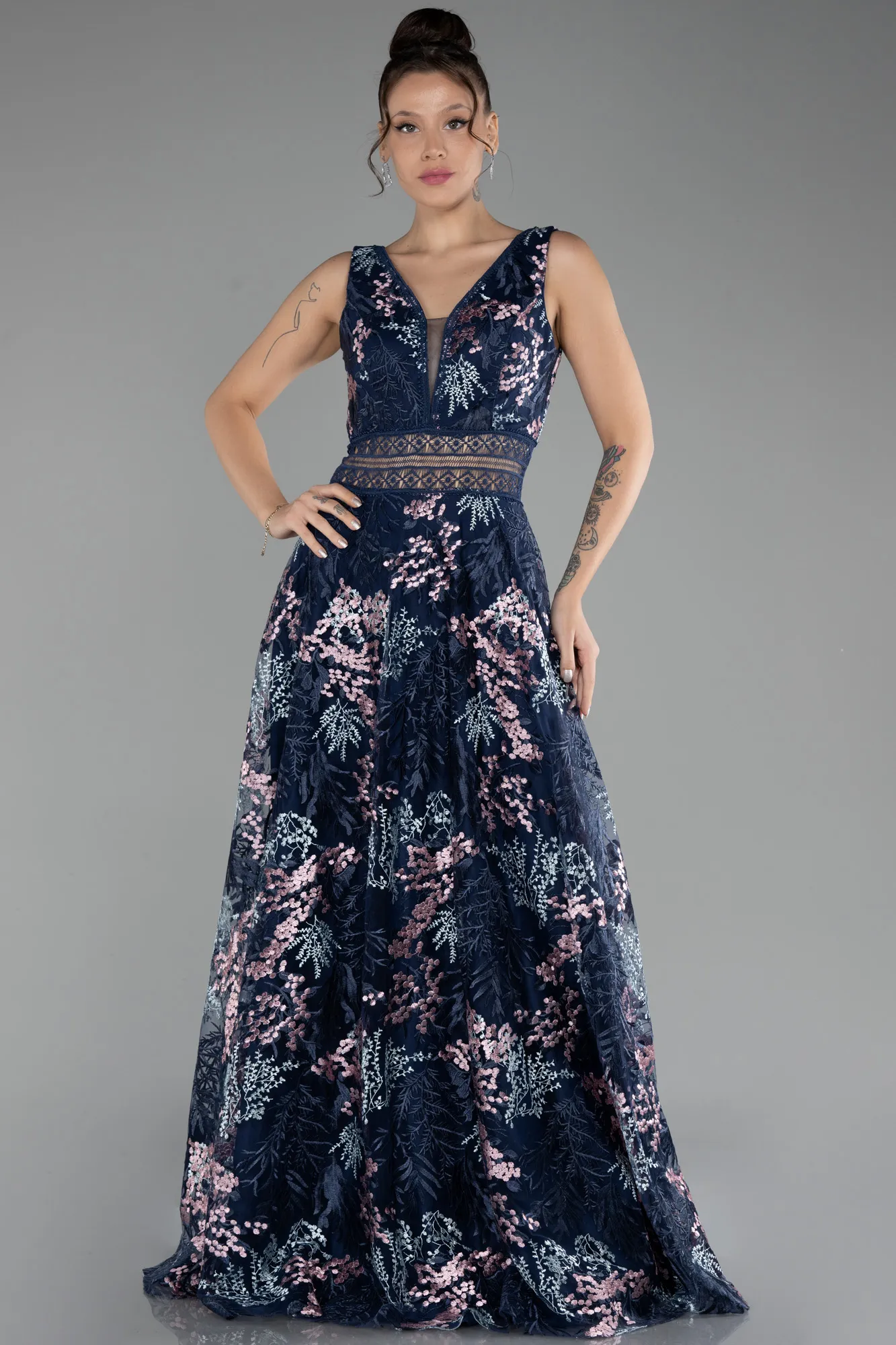 Navy Blue-Sleeveless Long Embroidered Evening Dress ABU4244