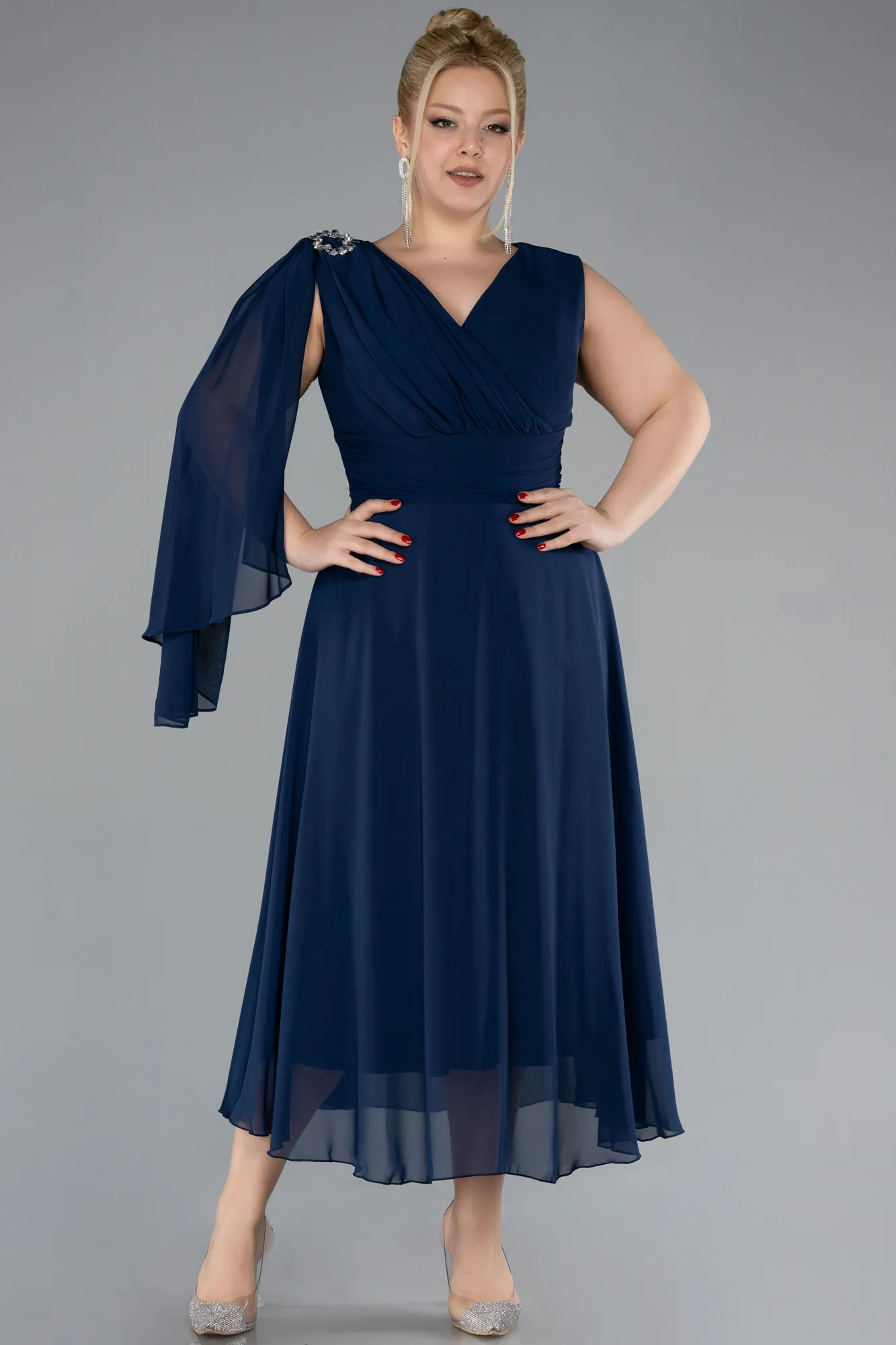 Navy Blue-Sleeveless Midi Chiffon Plus Size Party Dress ABK2195