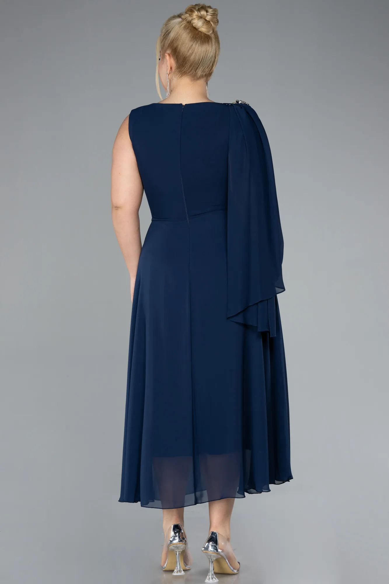 Navy Blue-Sleeveless Midi Chiffon Plus Size Party Dress ABK2195