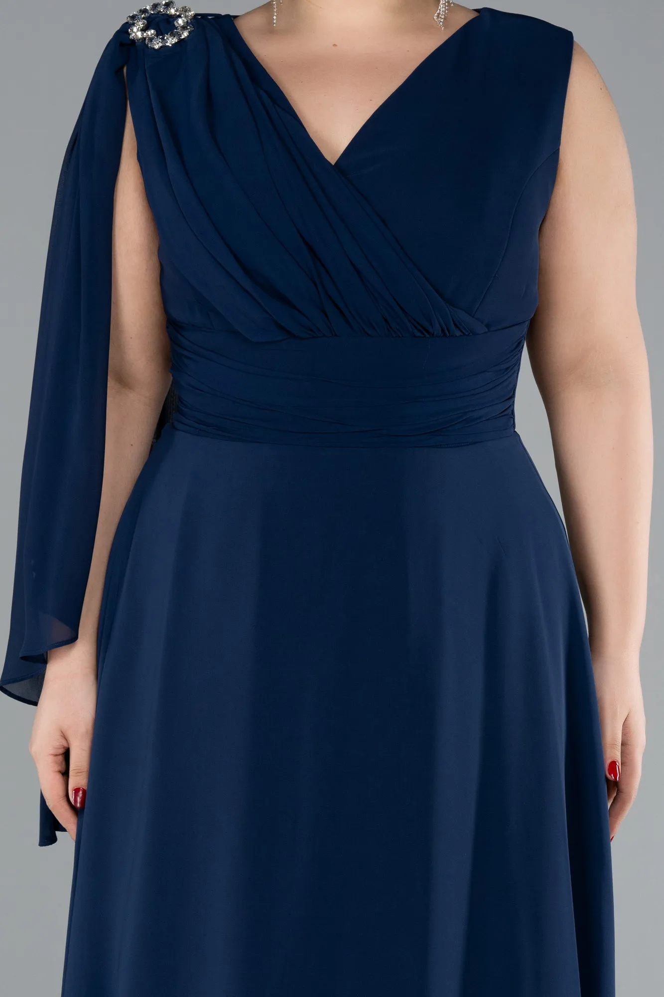 Navy Blue-Sleeveless Midi Chiffon Plus Size Party Dress ABK2195