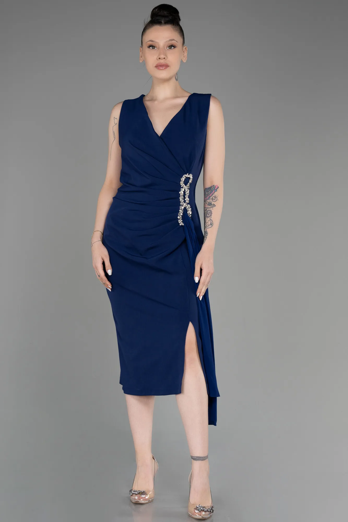 Navy Blue-Sleeveless Midi Plus Size Invitation Dress ABK2057