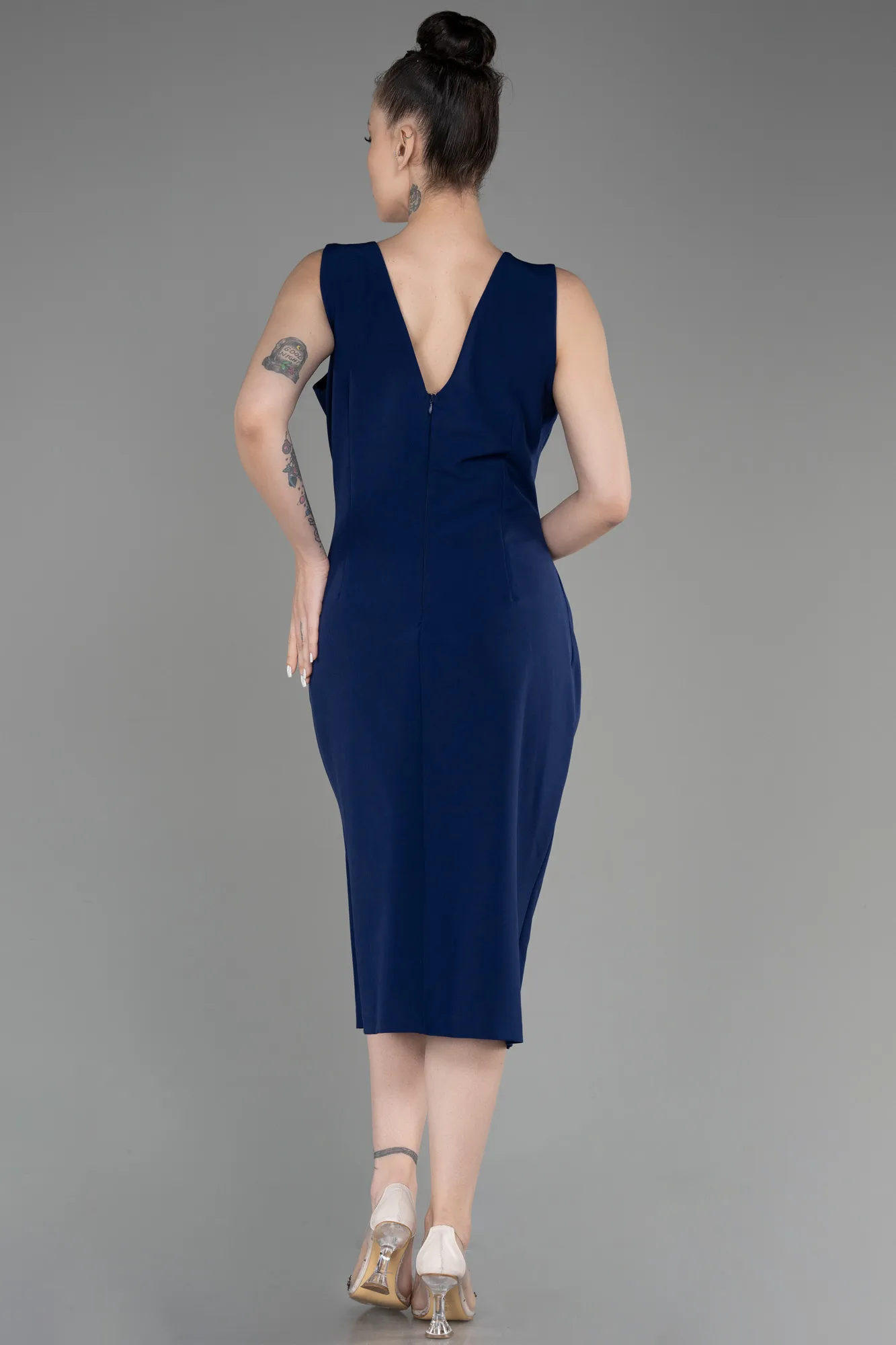 Navy Blue-Sleeveless Midi Plus Size Invitation Dress ABK2057