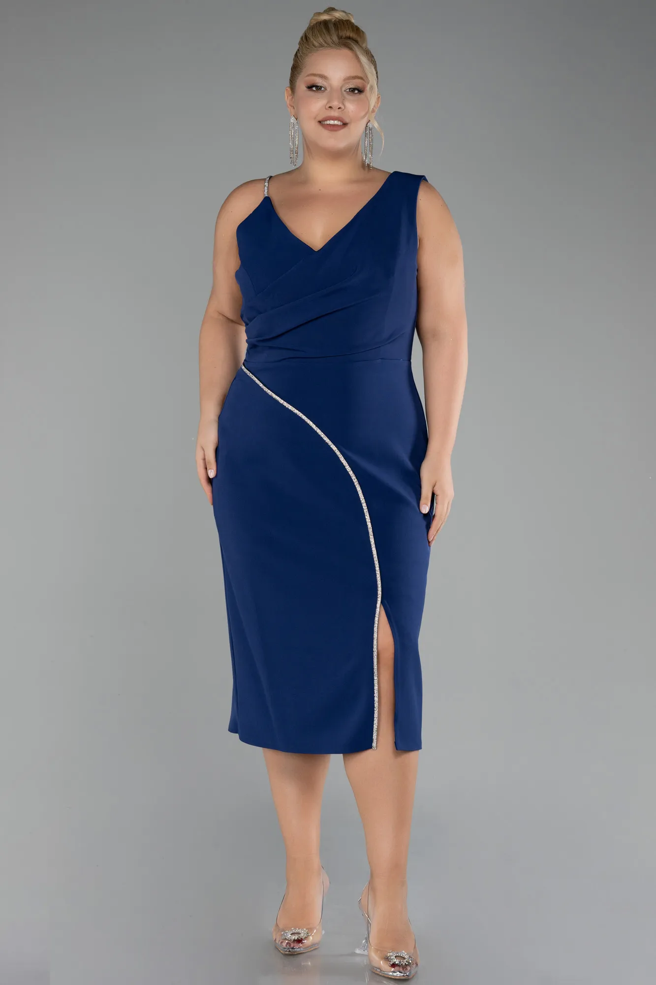 Navy Blue-Sleeveless Midi Plus Size Invitation Dress ABK2059