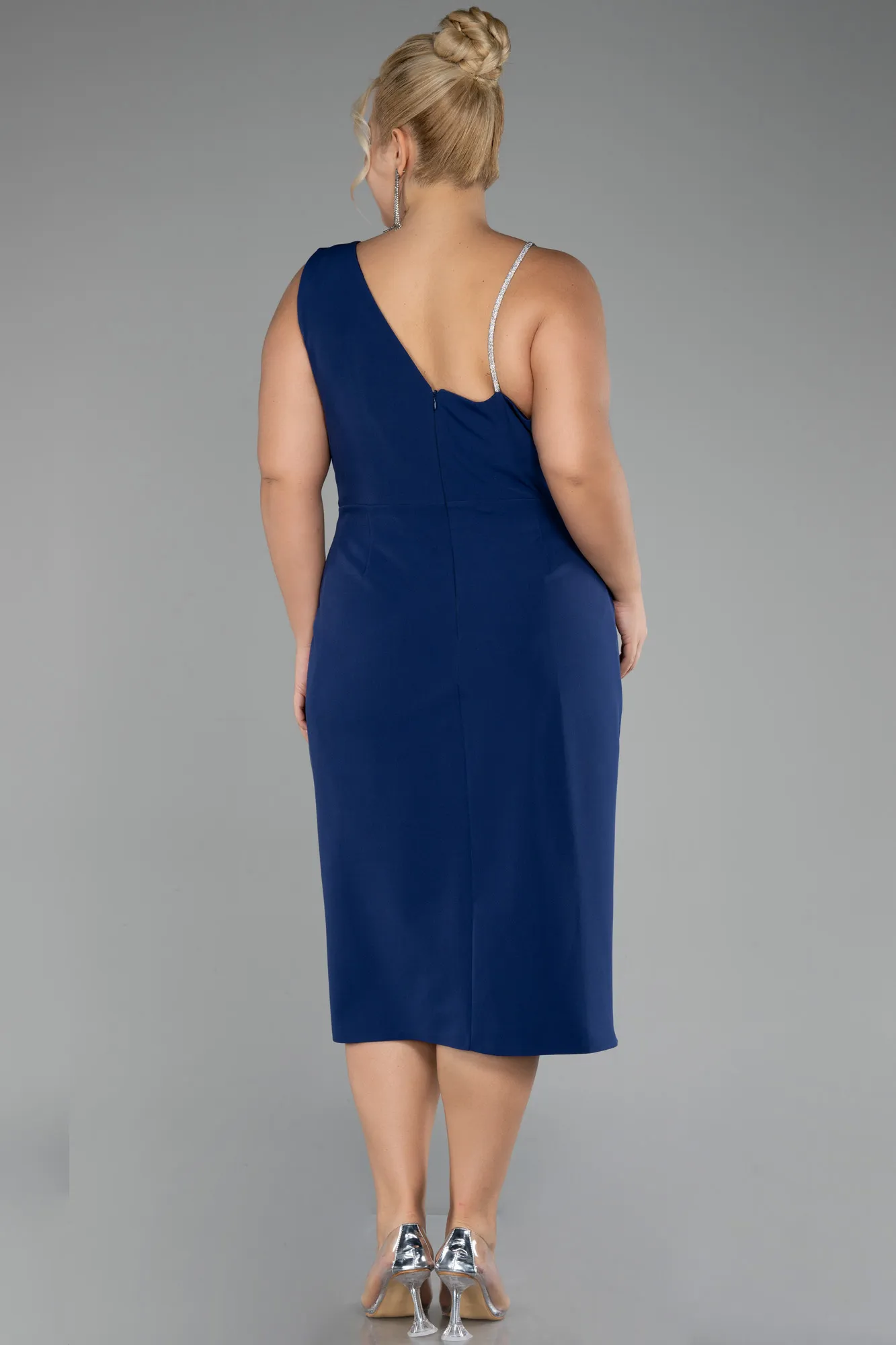 Navy Blue-Sleeveless Midi Plus Size Invitation Dress ABK2059