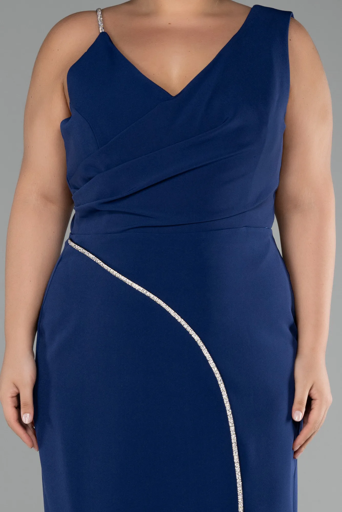 Navy Blue-Sleeveless Midi Plus Size Invitation Dress ABK2059