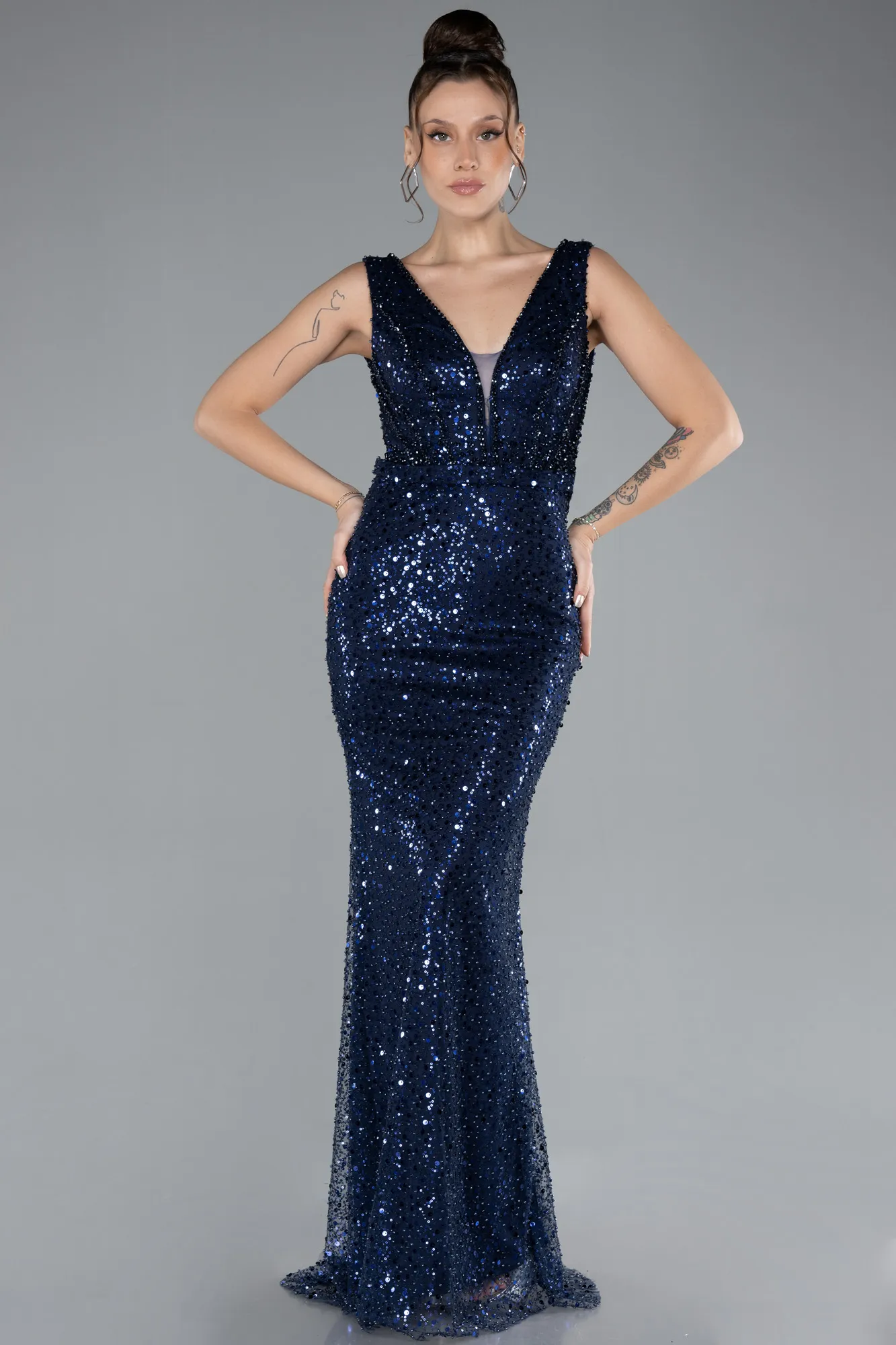 Navy Blue-Sleeveless Scaly Long Evening Gown ABU4327