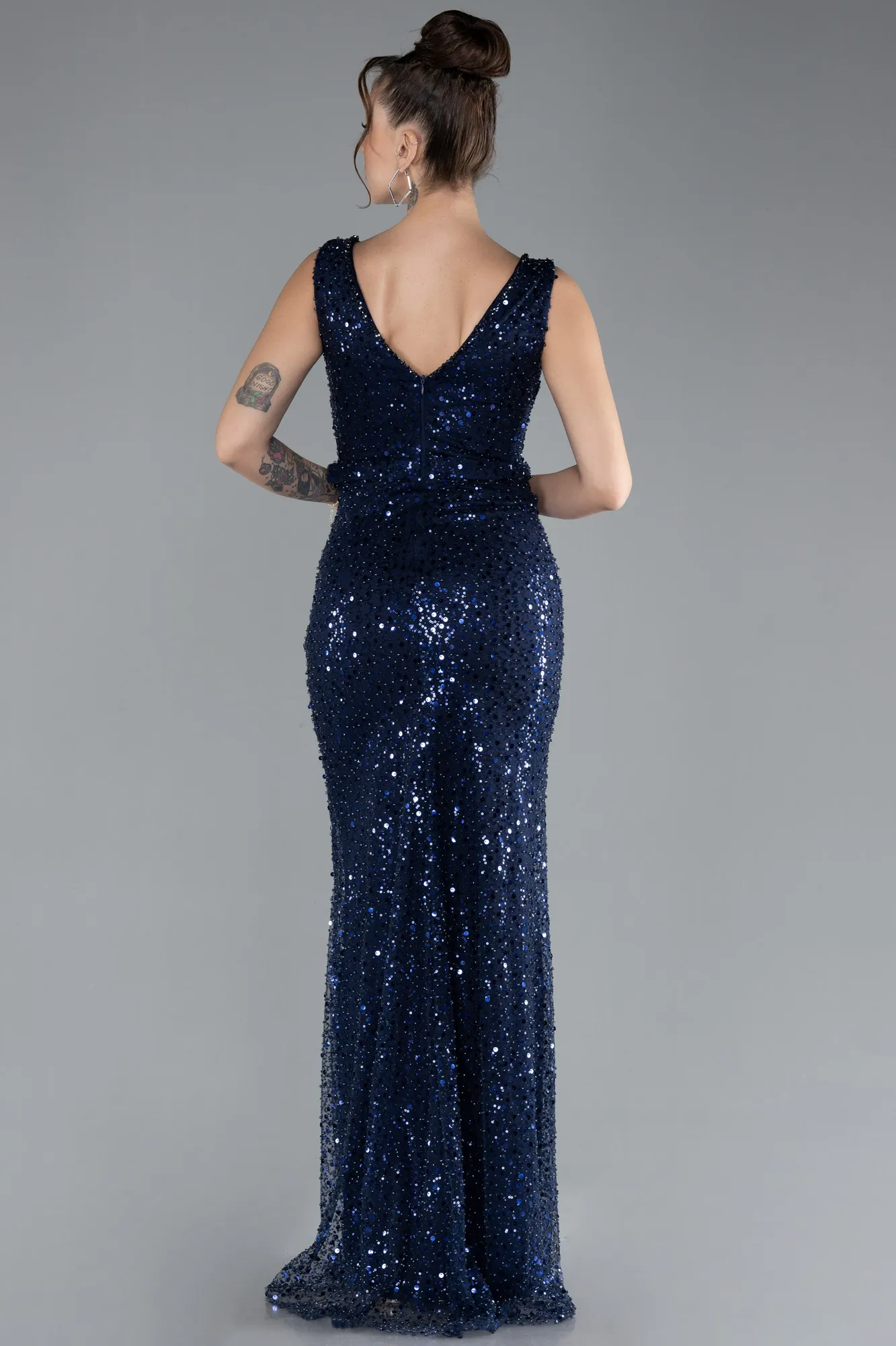 Navy Blue-Sleeveless Scaly Long Evening Gown ABU4327