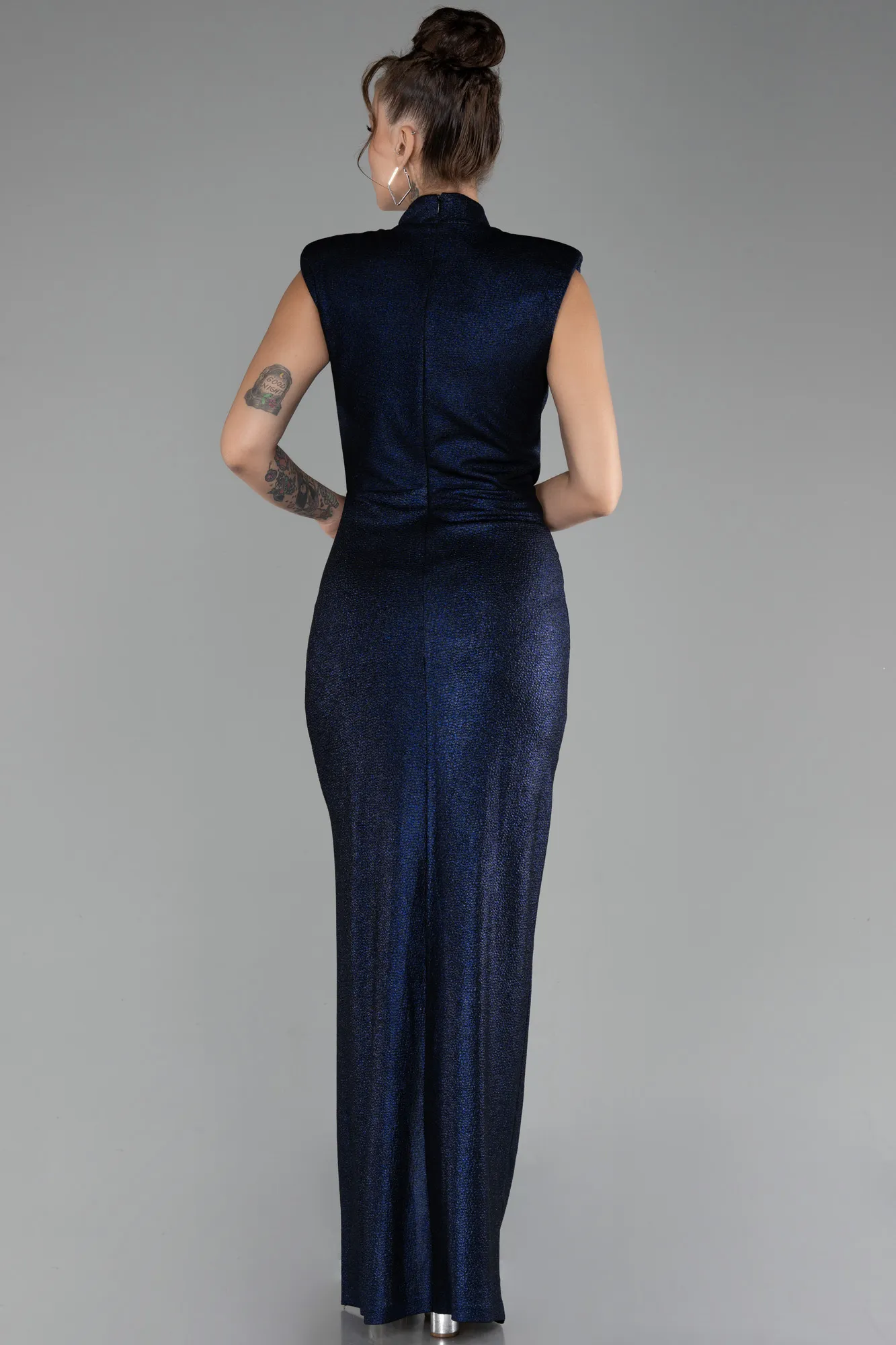 Navy Blue-Sleeveless Slit Long Glitter Evening Dress ABU4273