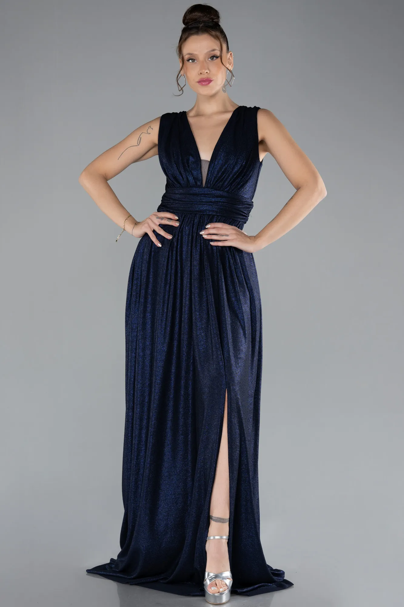 Navy Blue-Sleeveless Slit Long Glitter Evening Dress ABU4377