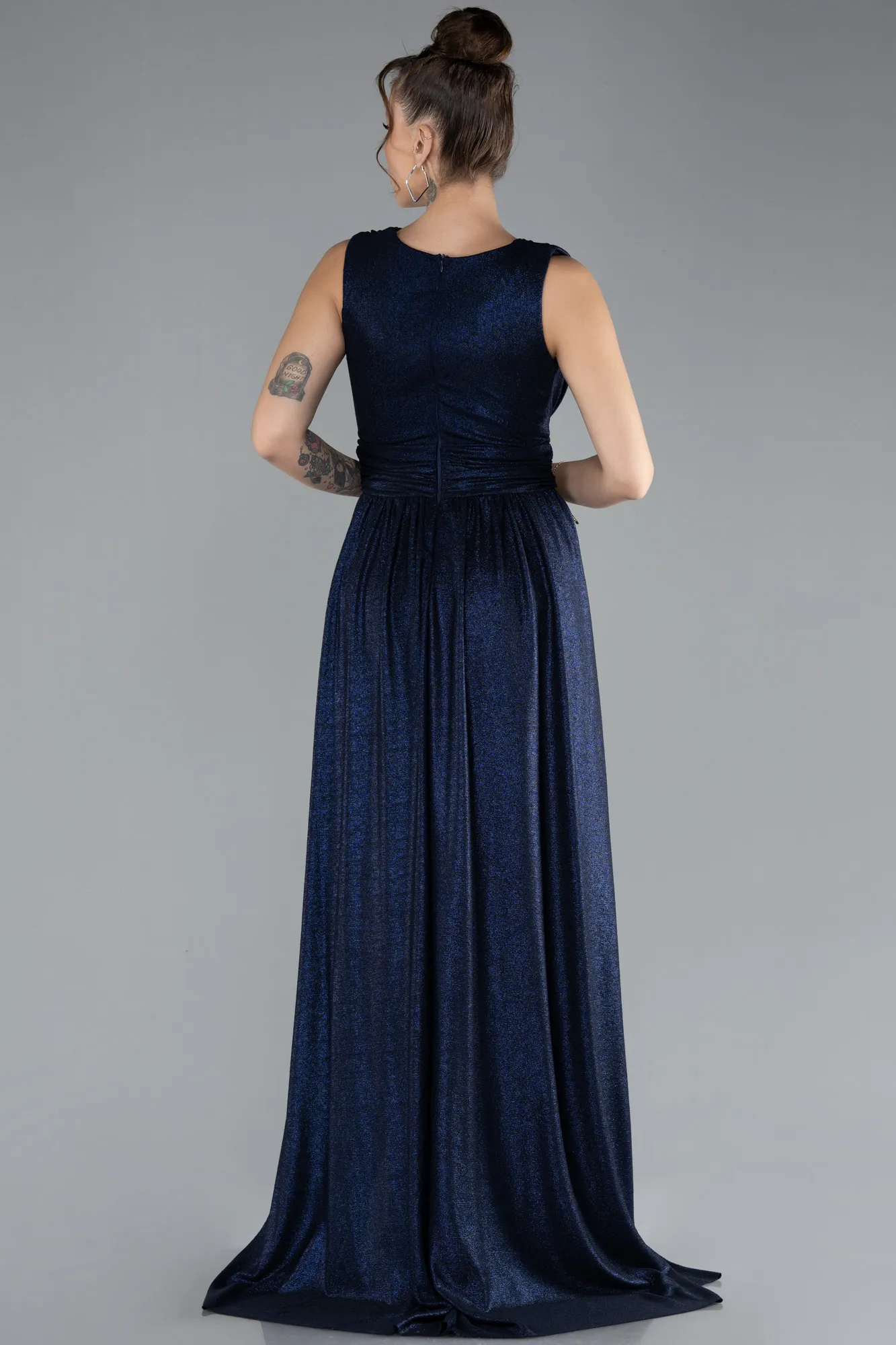 Navy Blue-Sleeveless Slit Long Glitter Evening Dress ABU4377