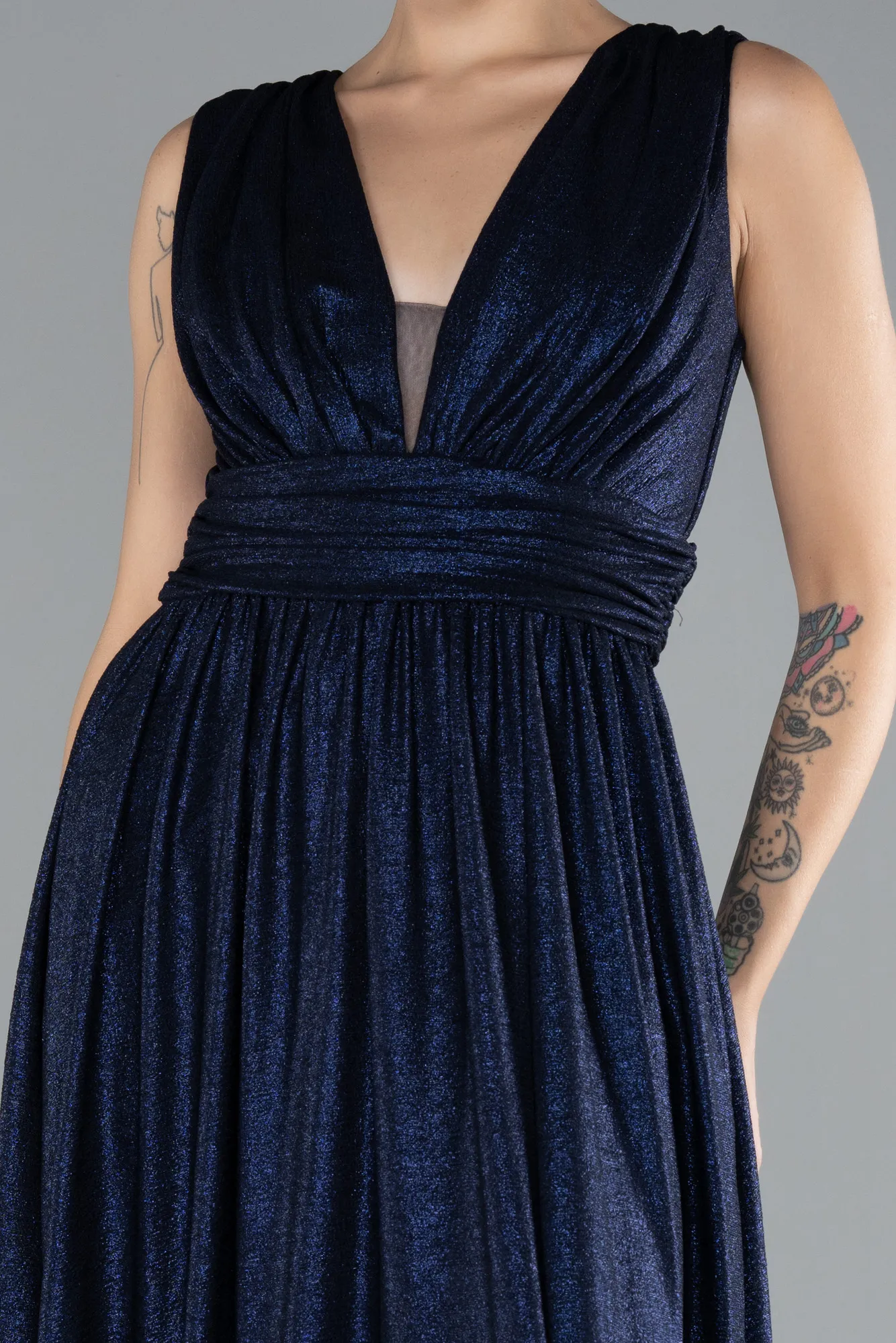 Navy Blue-Sleeveless Slit Long Glitter Evening Dress ABU4377