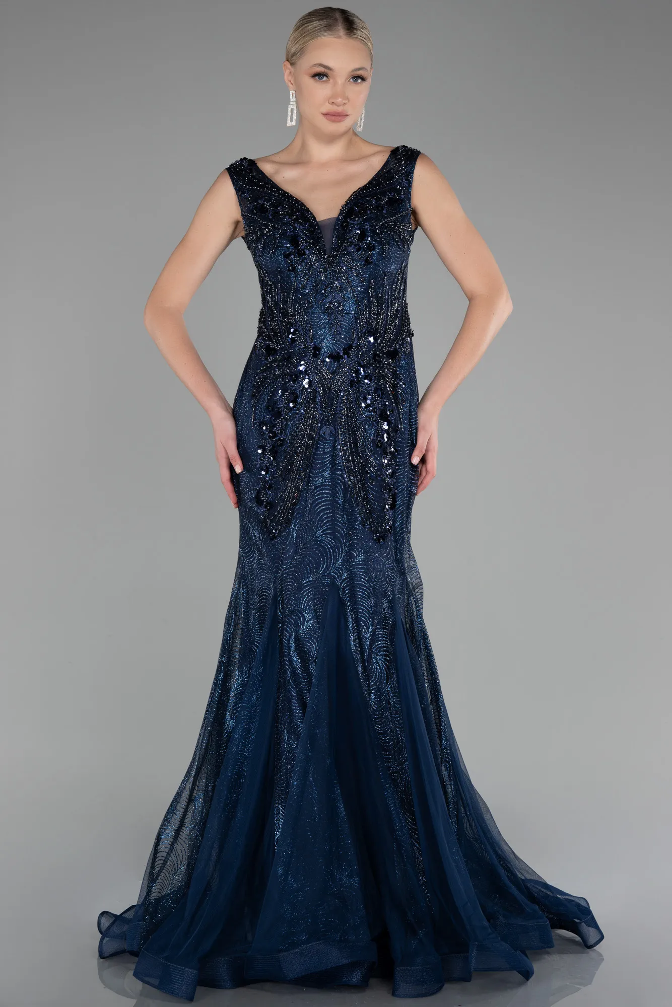 Navy Blue-Sleeveless Stoned Long Evening Gown ABU4170