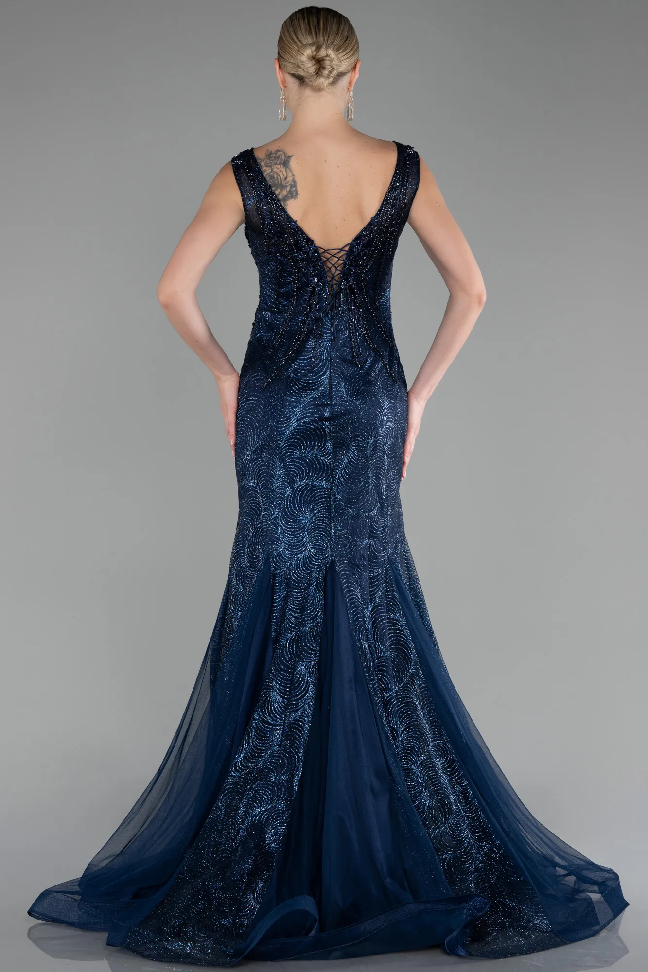 Navy Blue-Sleeveless Stoned Long Evening Gown ABU4170