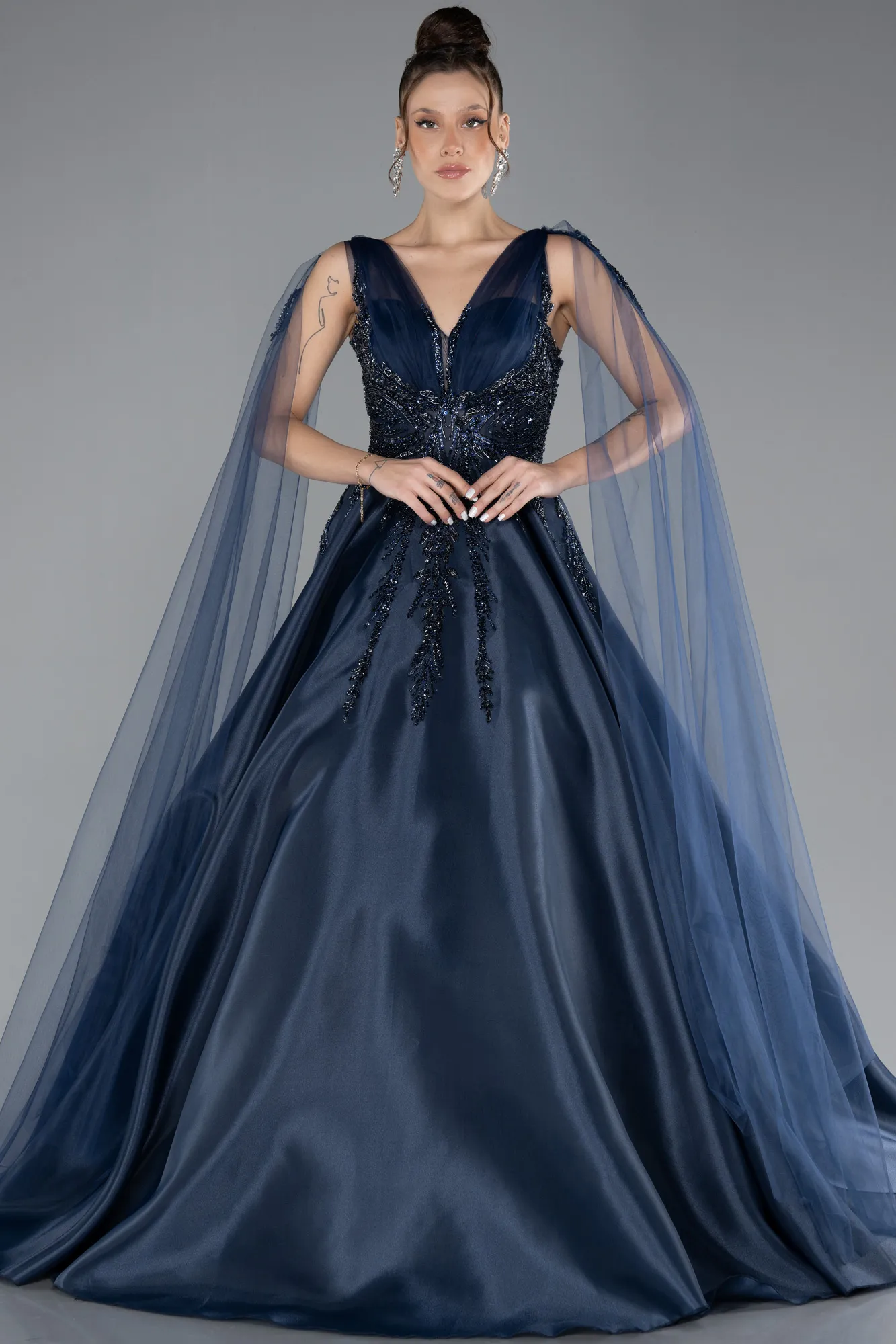 Navy Blue-Sleeveless Stoned Long Haute Couture Dress ABU4432