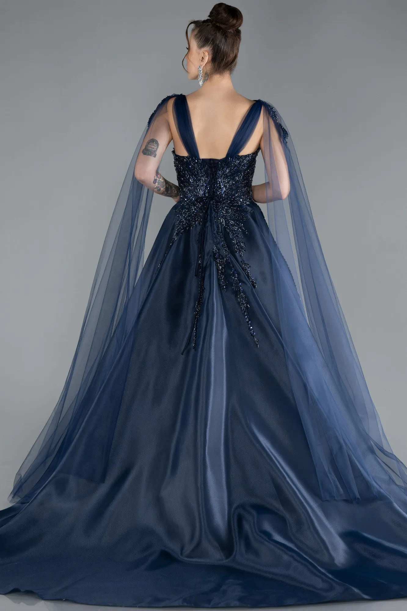 Navy Blue-Sleeveless Stoned Long Haute Couture Dress ABU4432