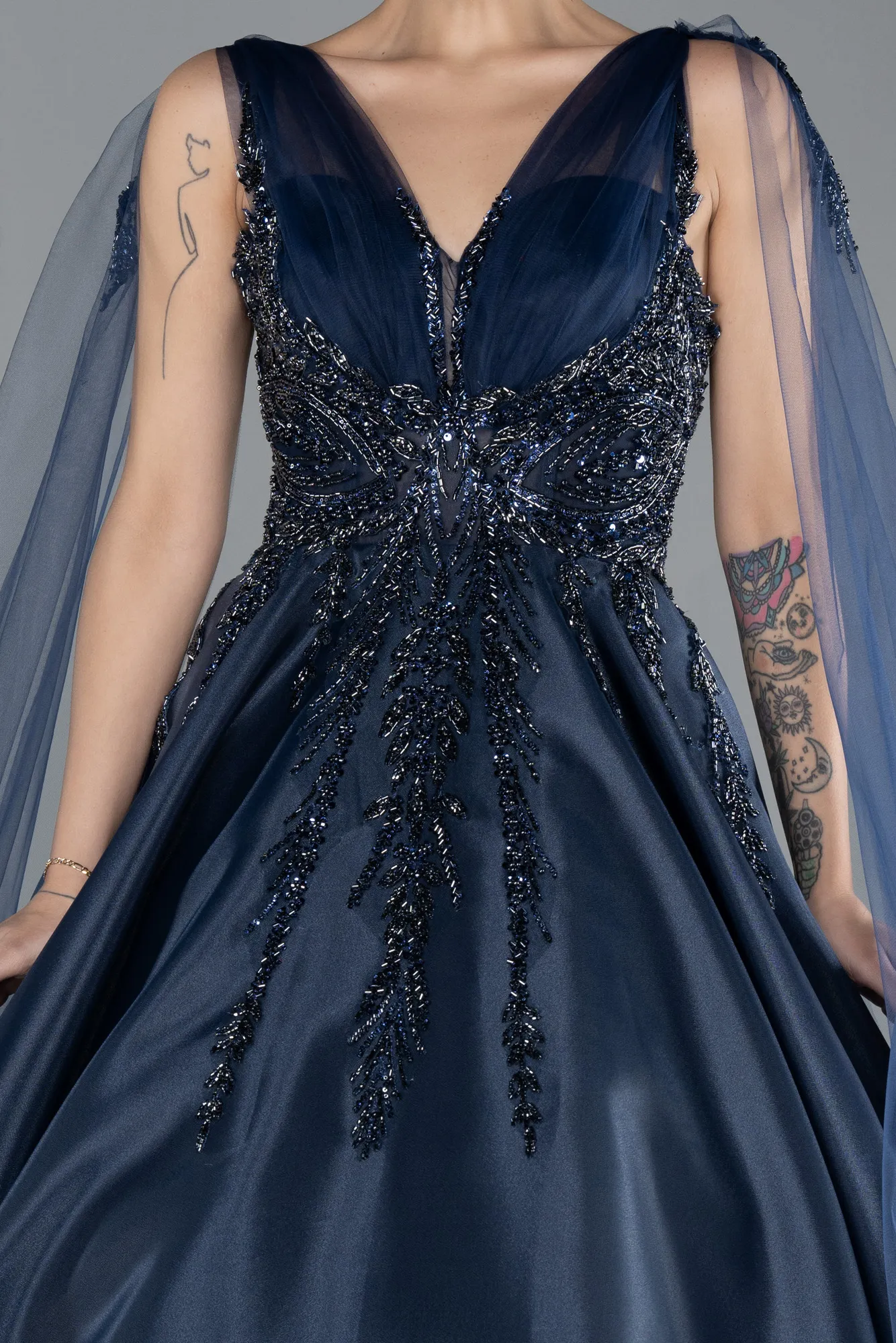 Navy Blue-Sleeveless Stoned Long Haute Couture Dress ABU4432