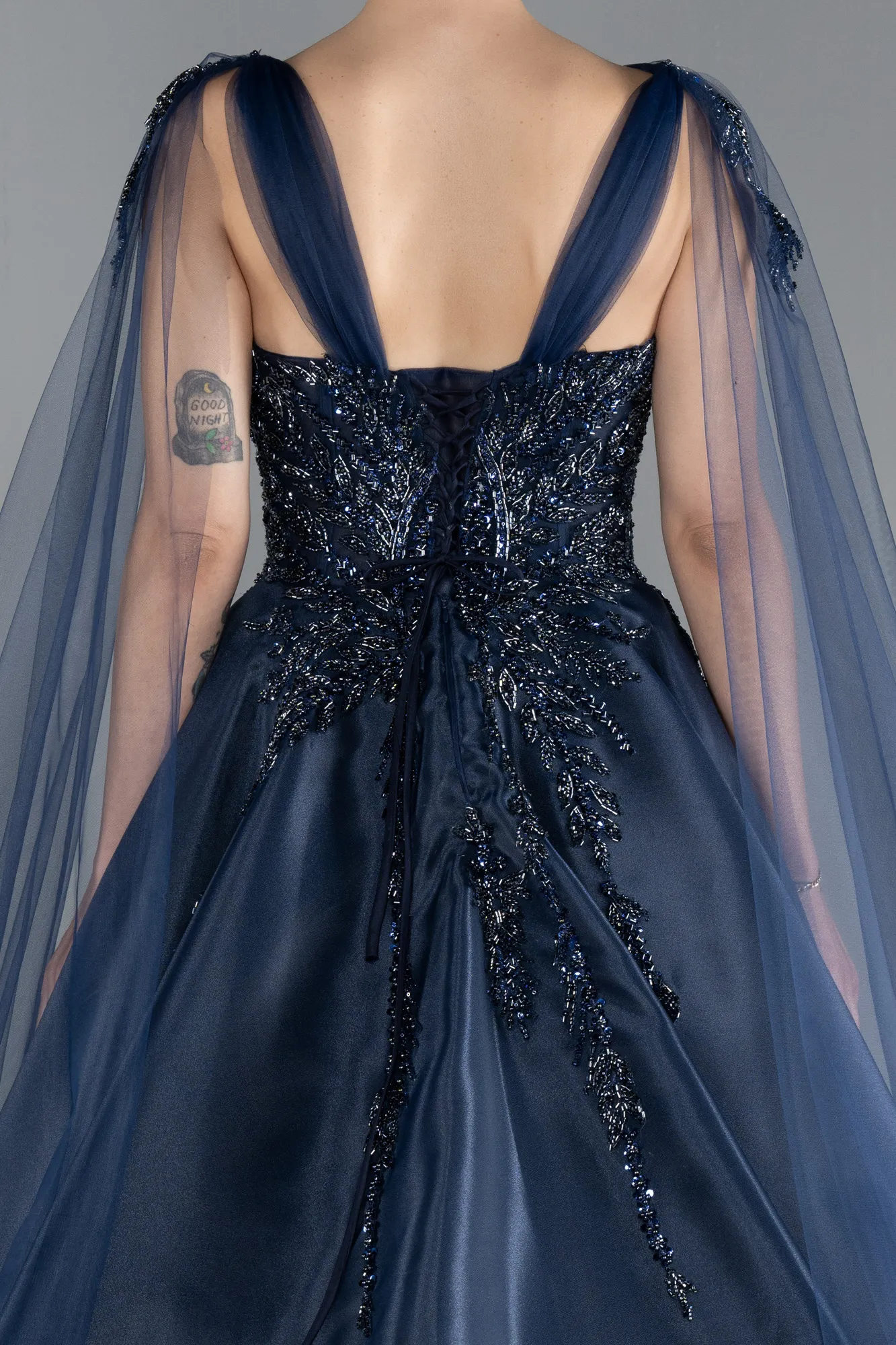 Navy Blue-Sleeveless Stoned Long Haute Couture Dress ABU4432