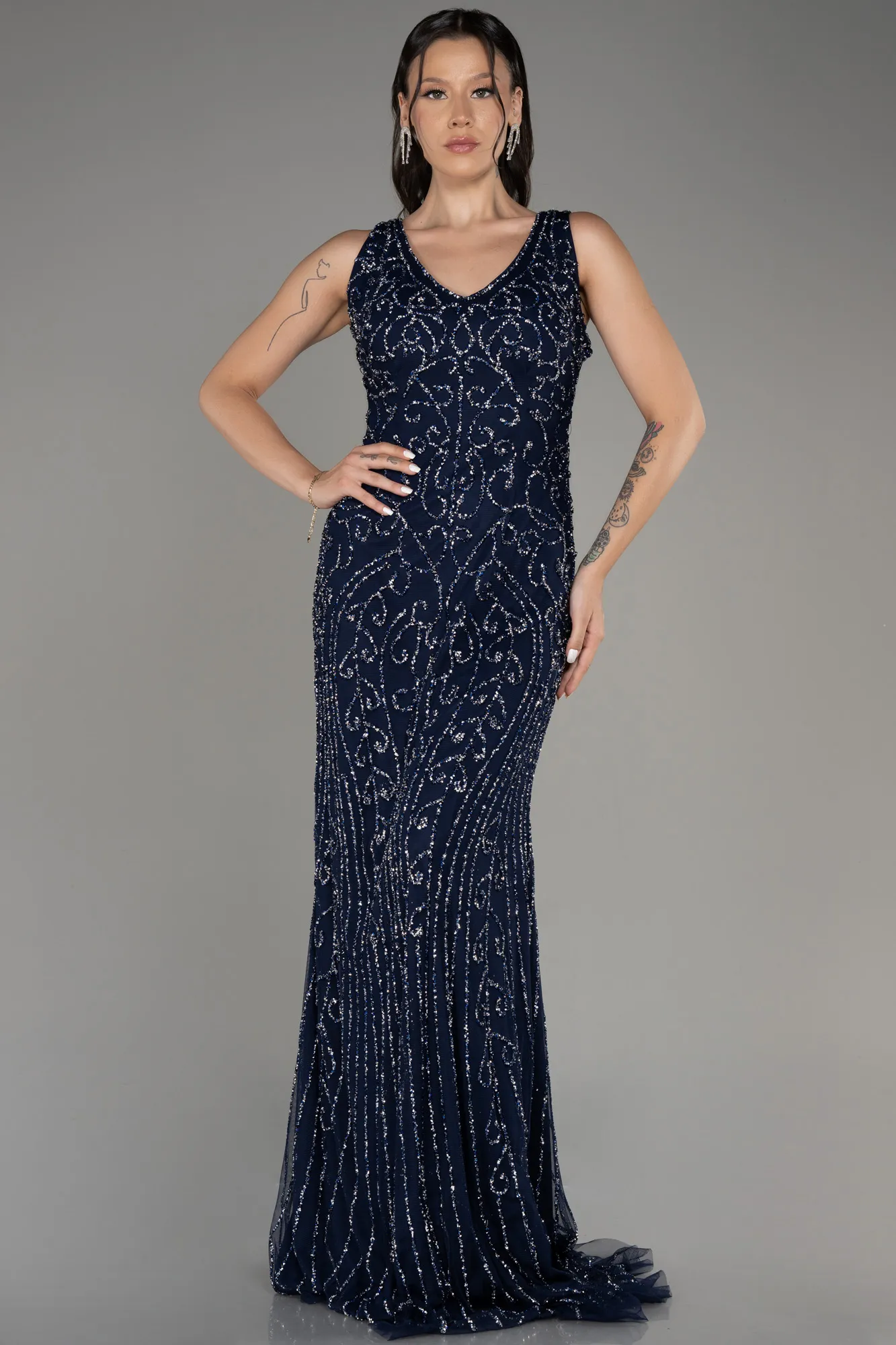 Navy Blue-Sleeveless Stoned Long Plus Size Prom Gown ABU4007