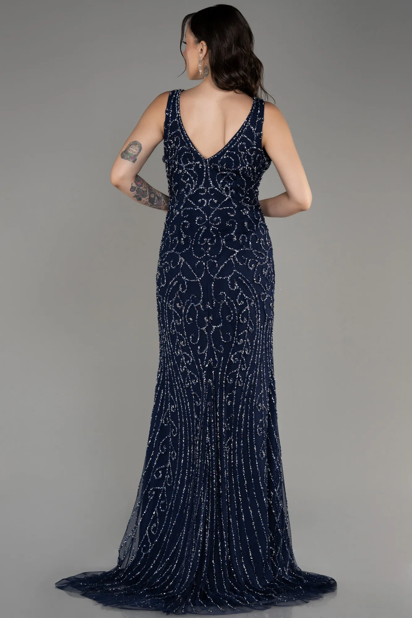 Navy Blue-Sleeveless Stoned Long Plus Size Prom Gown ABU4007