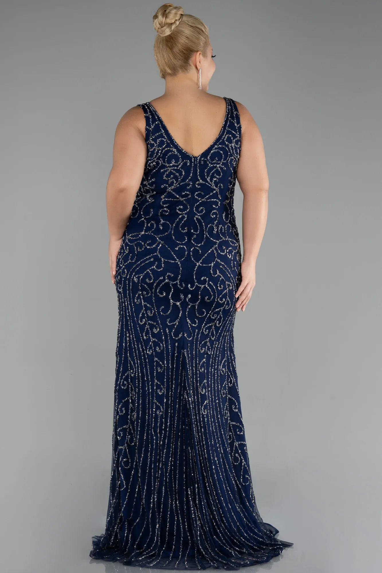 Navy Blue-Sleeveless Stoned Long Plus Size Prom Gown ABU4008