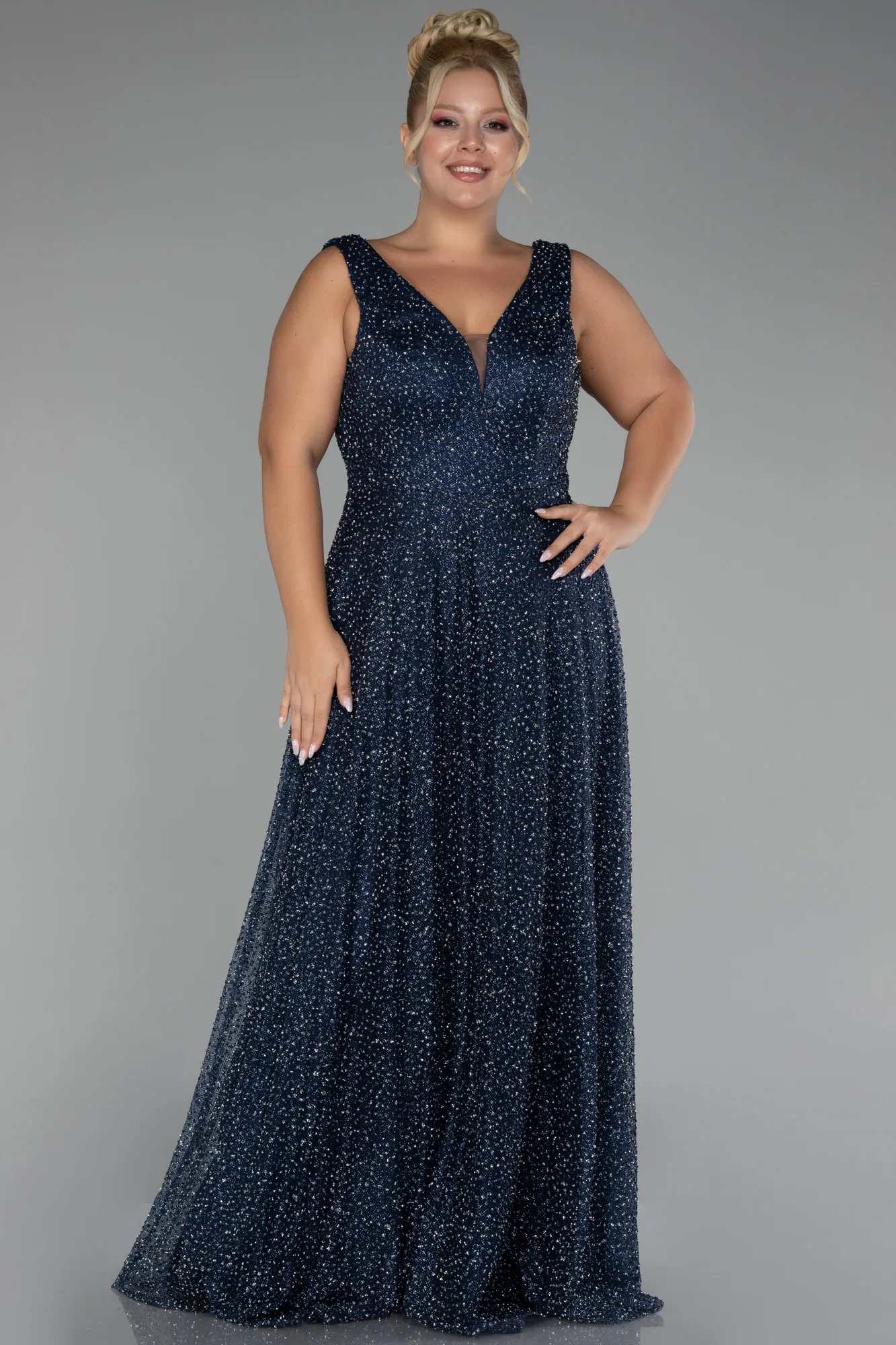 Navy Blue-Sleevess Stony Long Plus Size Special Design Evening Dress ABU4147