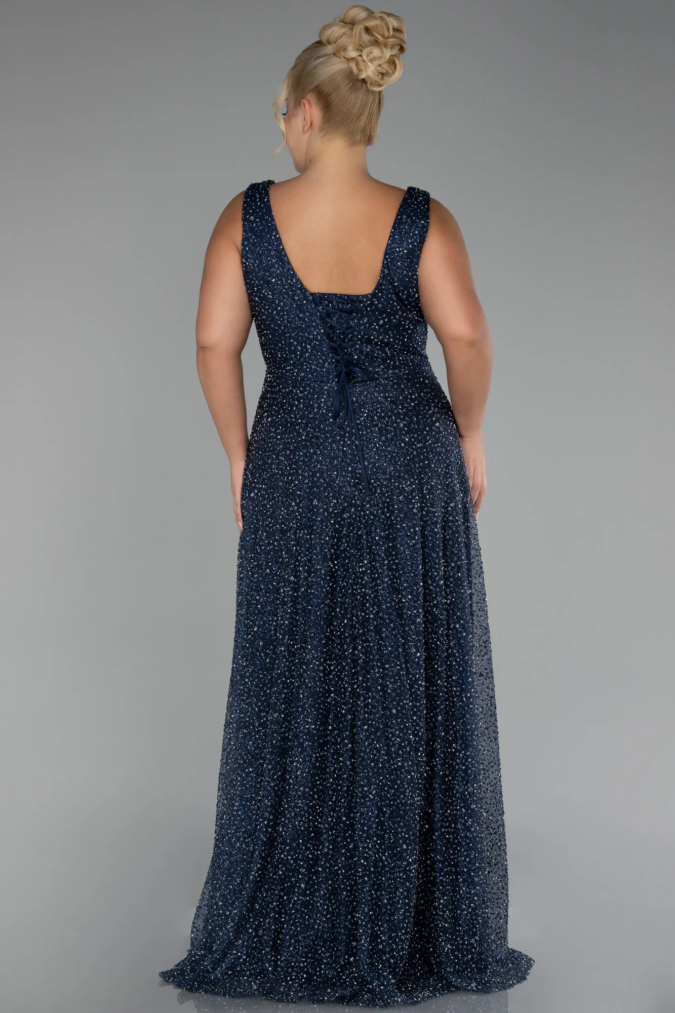 Navy Blue-Sleevess Stony Long Plus Size Special Design Evening Dress ABU4147