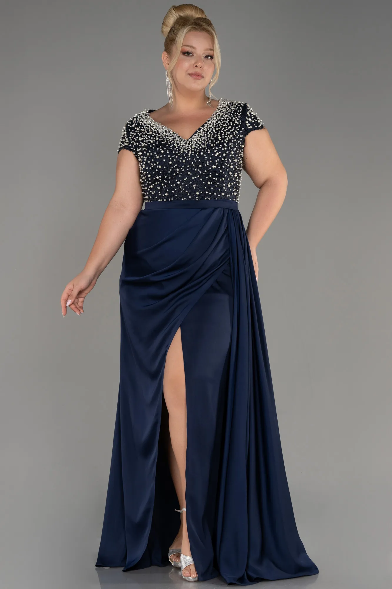 Navy Blue-Slit Beaded Long Satin Plus Size Evening Gown ABU4053