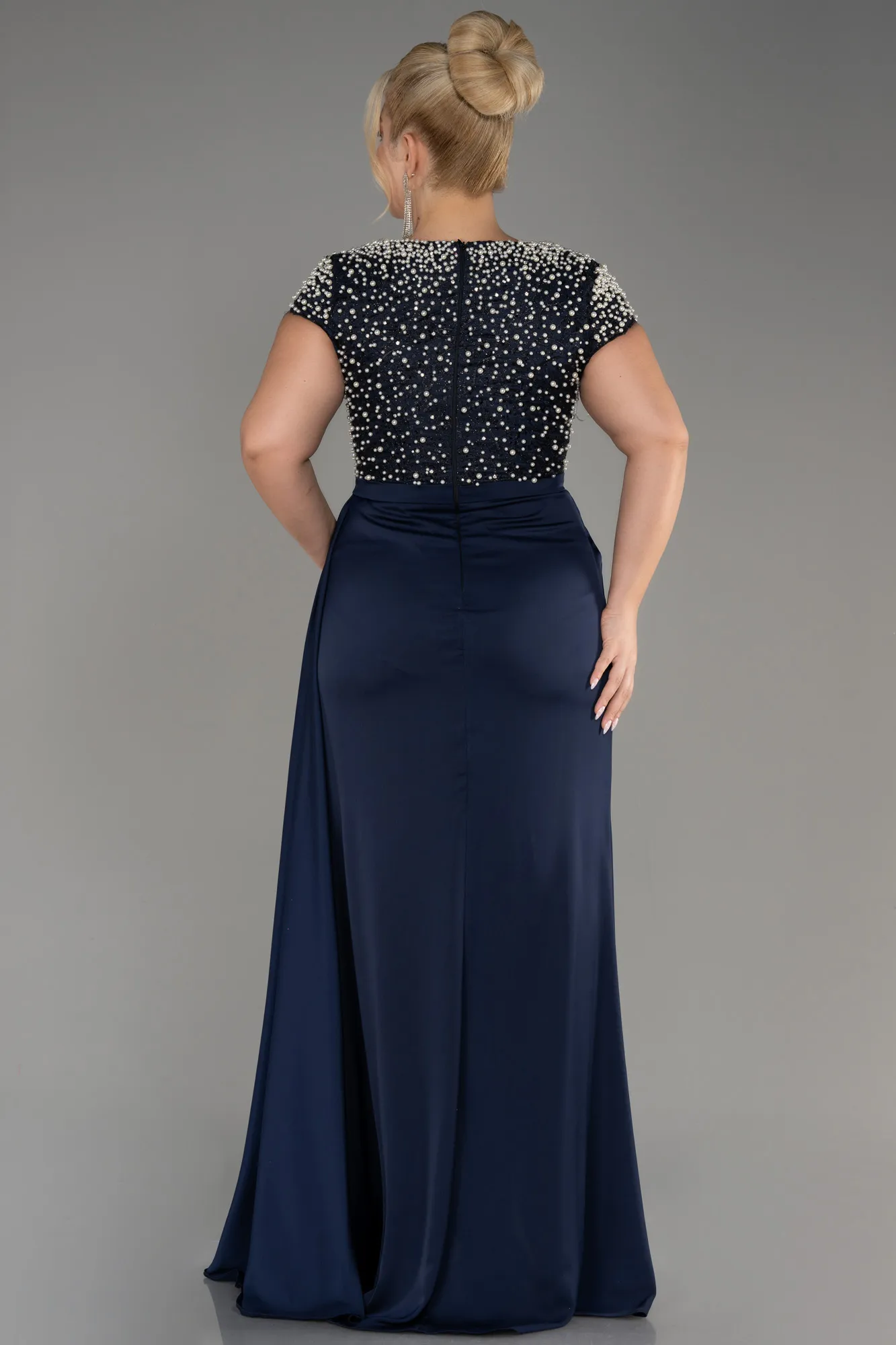 Navy Blue-Slit Beaded Long Satin Plus Size Evening Gown ABU4053