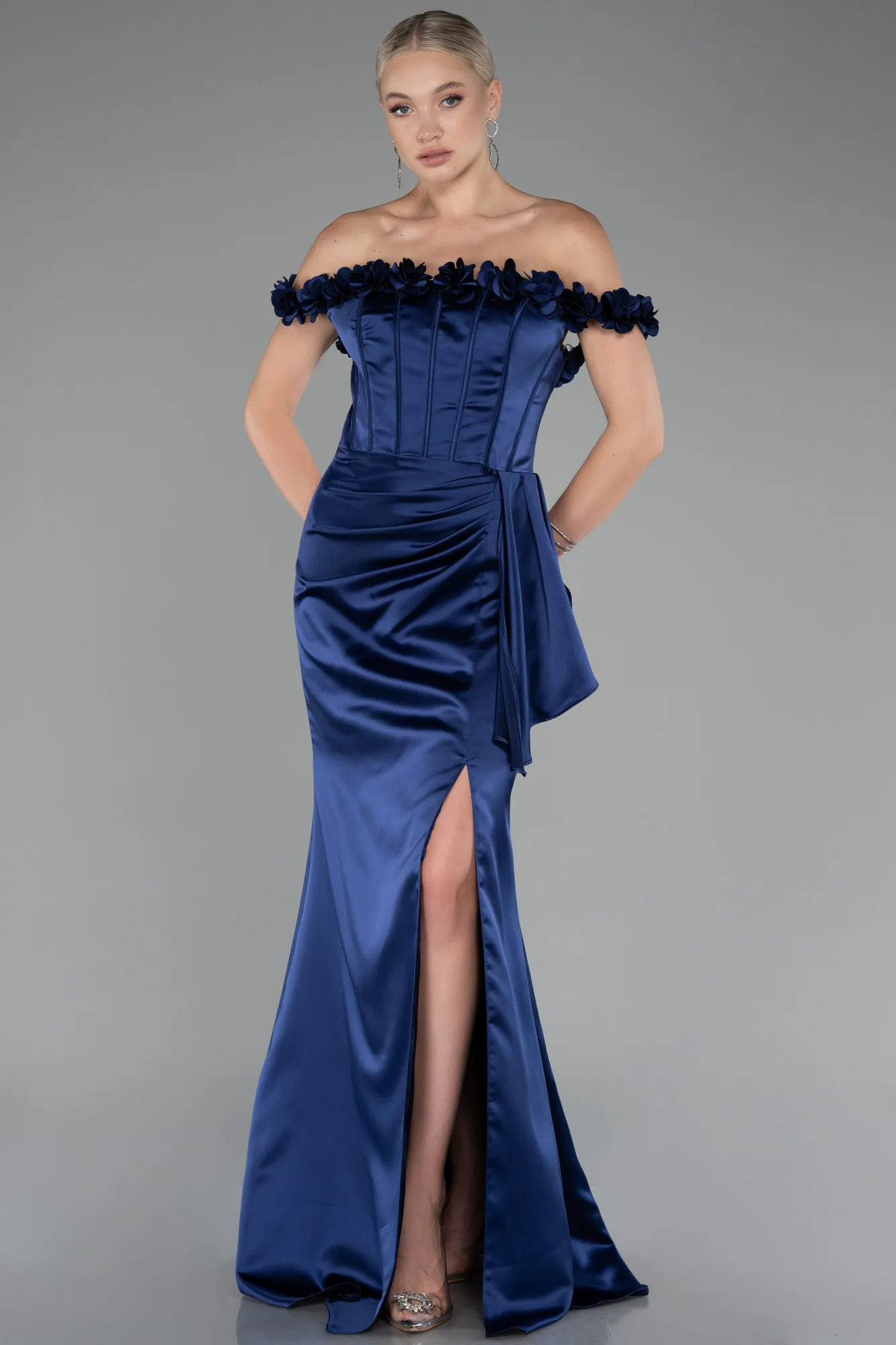 Navy Blue-Slit Boat Neck Long Satin Evening Dress ABU4055