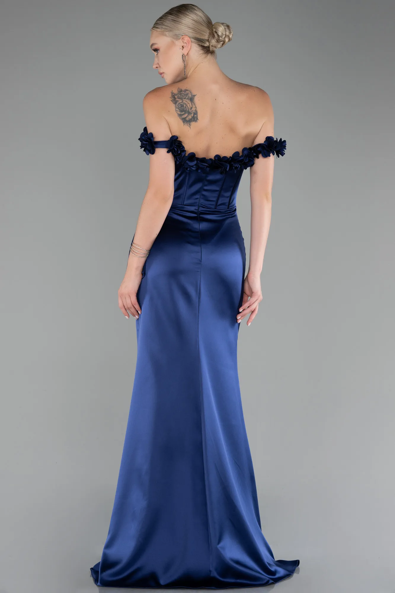 Navy Blue-Slit Boat Neck Long Satin Evening Dress ABU4055