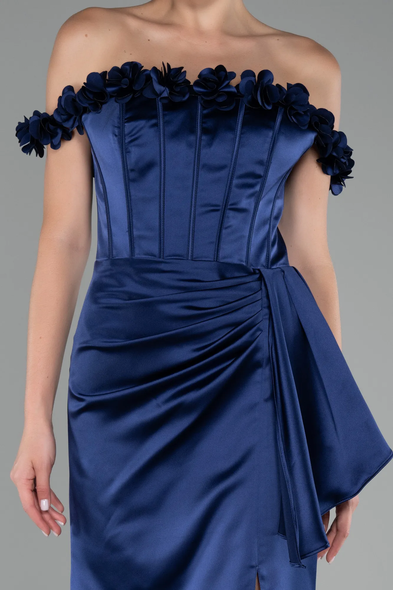 Navy Blue-Slit Boat Neck Long Satin Evening Dress ABU4055