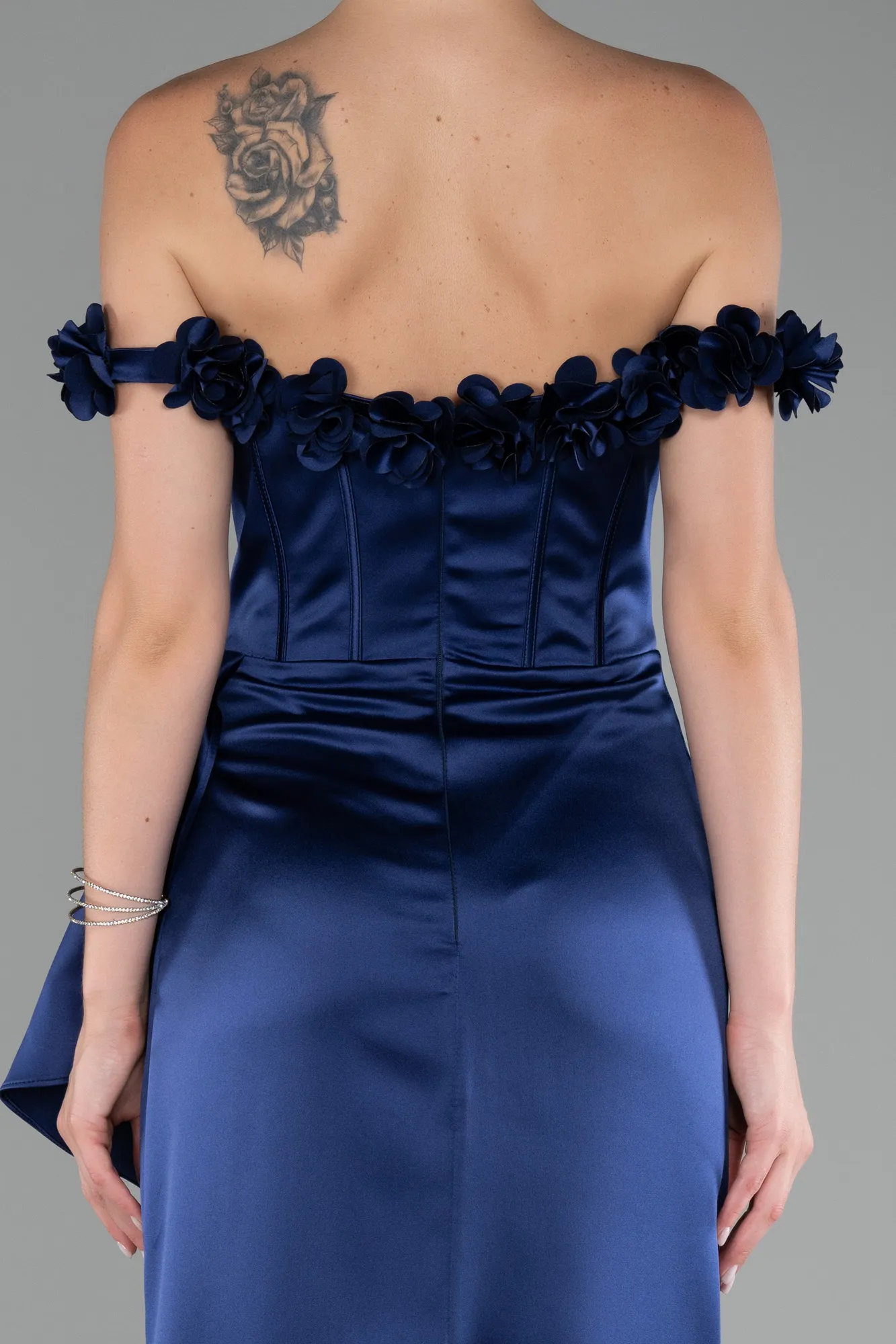 Navy Blue-Slit Boat Neck Long Satin Evening Dress ABU4055