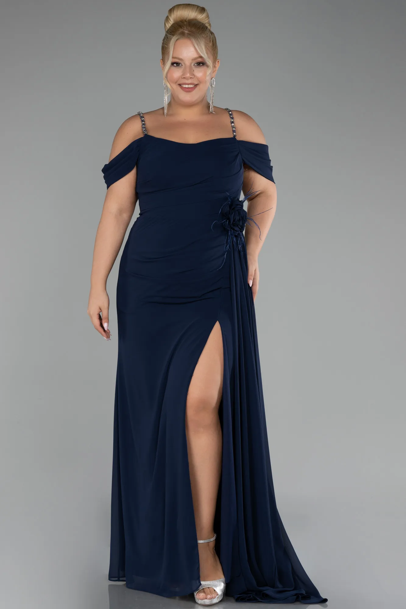 Navy Blue-Slit Long Chiffon Plus Size Evening Dress ABU4195