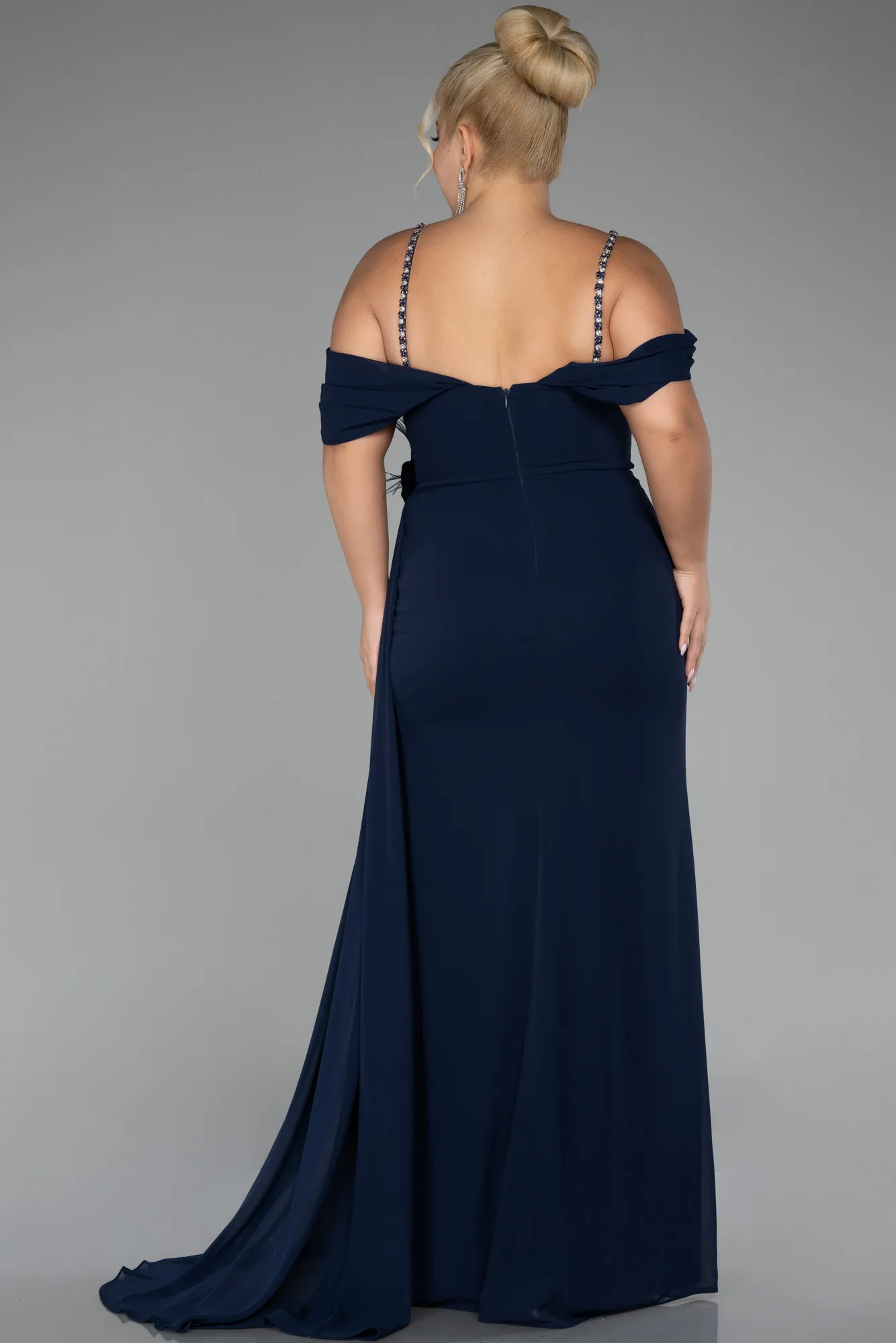 Navy Blue-Slit Long Chiffon Plus Size Evening Dress ABU4195