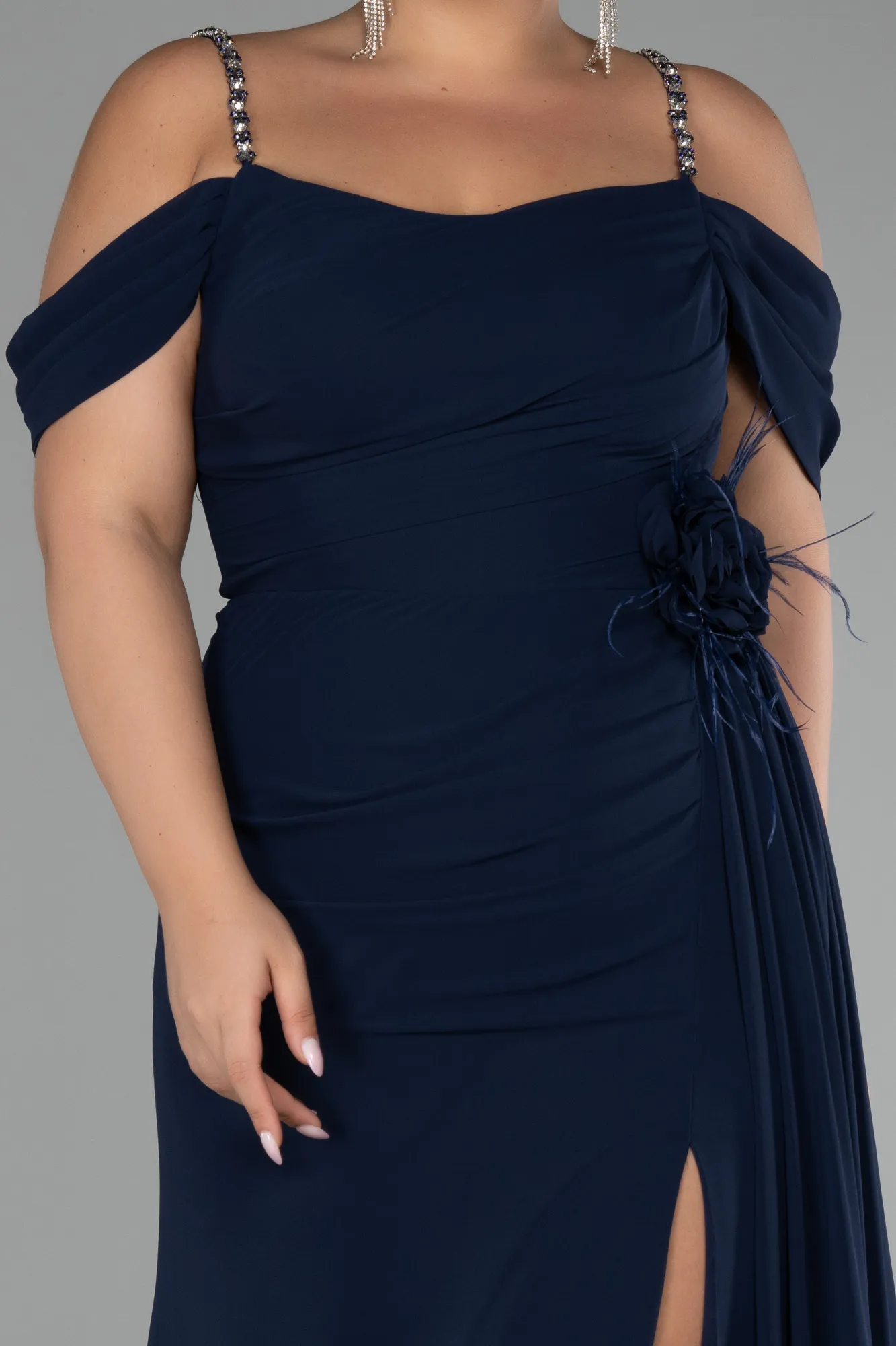 Navy Blue-Slit Long Chiffon Plus Size Evening Dress ABU4195