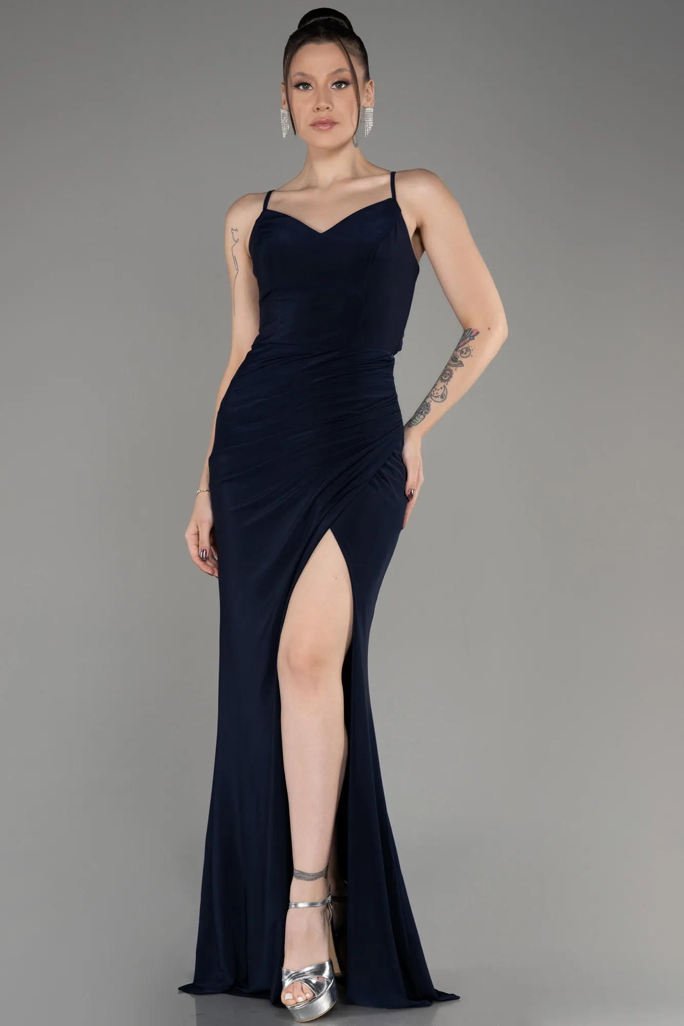 Navy Blue-Slit Long Evening Dress ABU3949