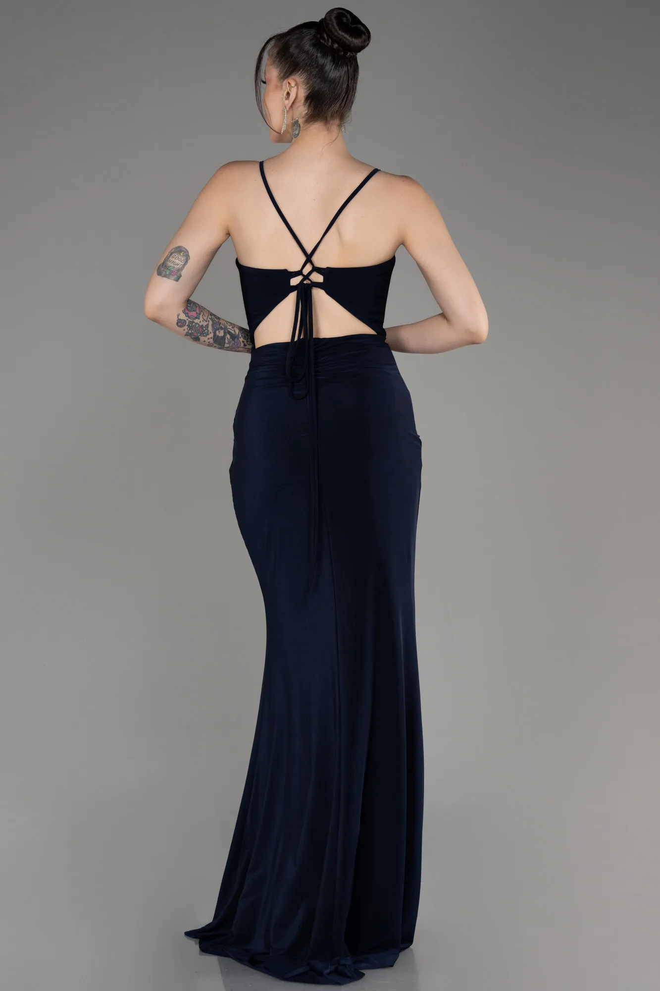 Navy Blue-Slit Long Evening Dress ABU3949