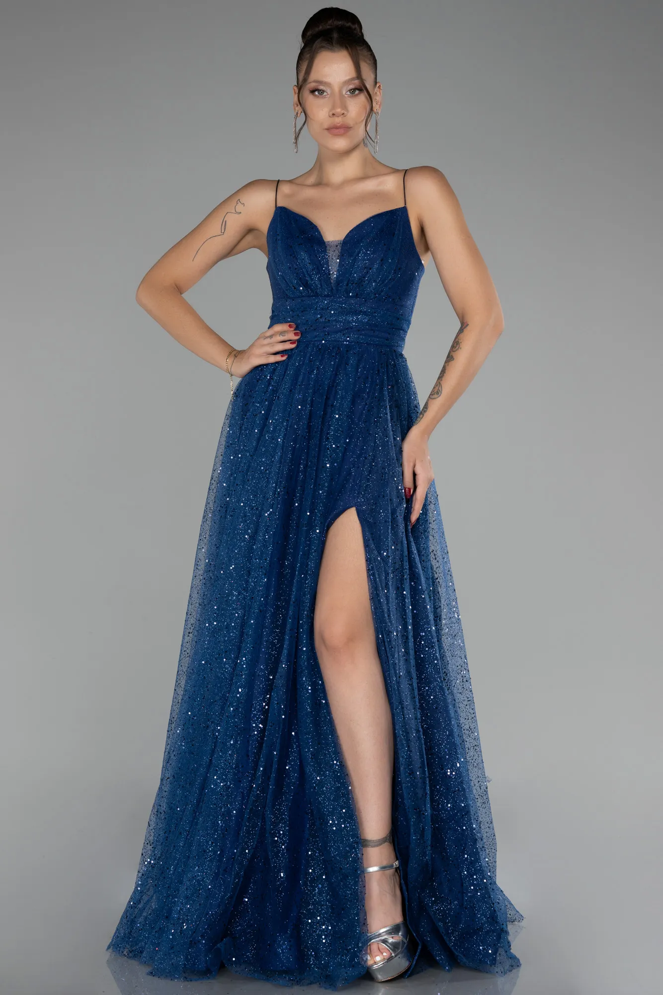 Navy Blue-Slit Long Glitter Prom Gown ABU4152