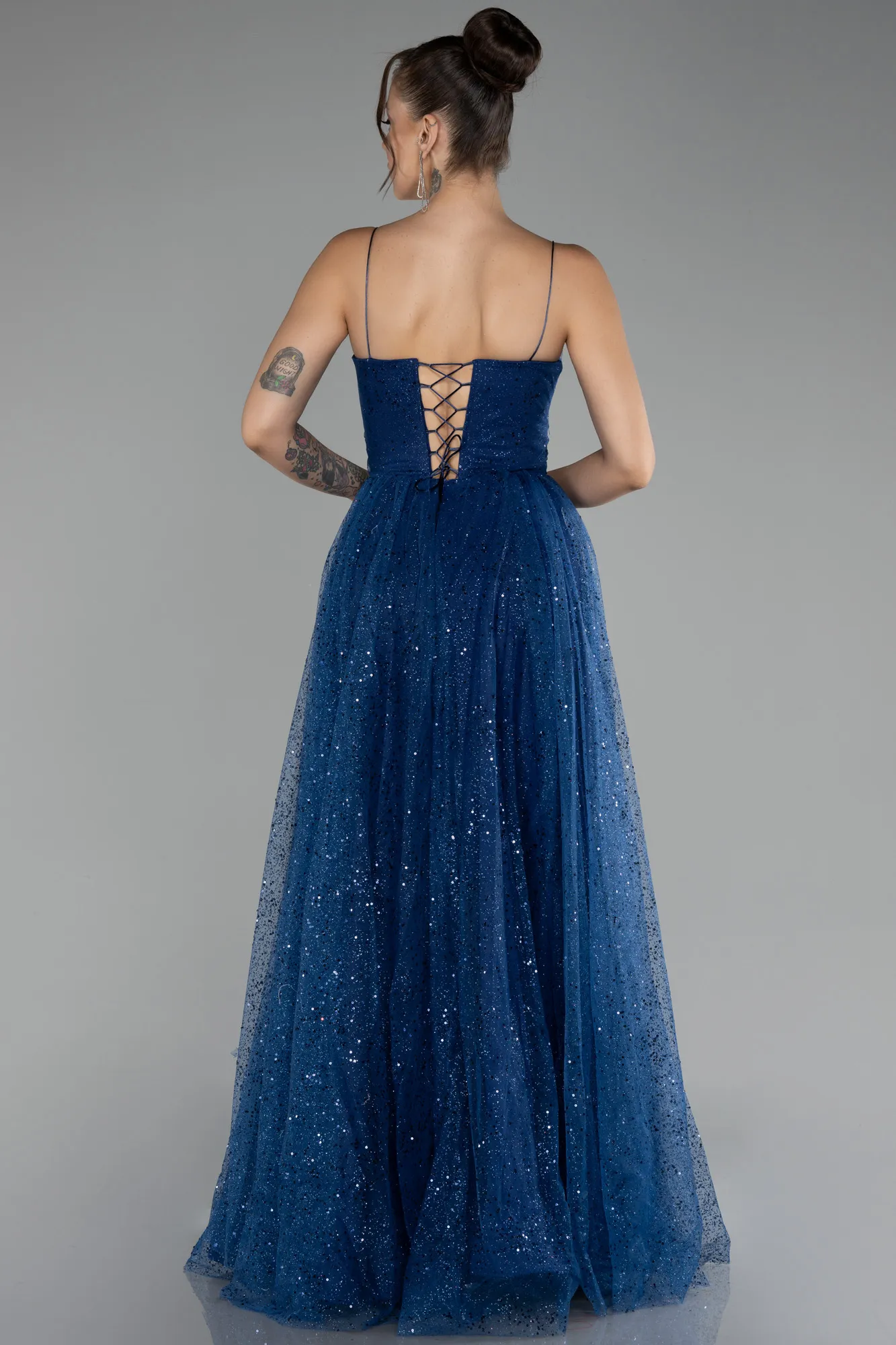 Navy Blue-Slit Long Glitter Prom Gown ABU4152