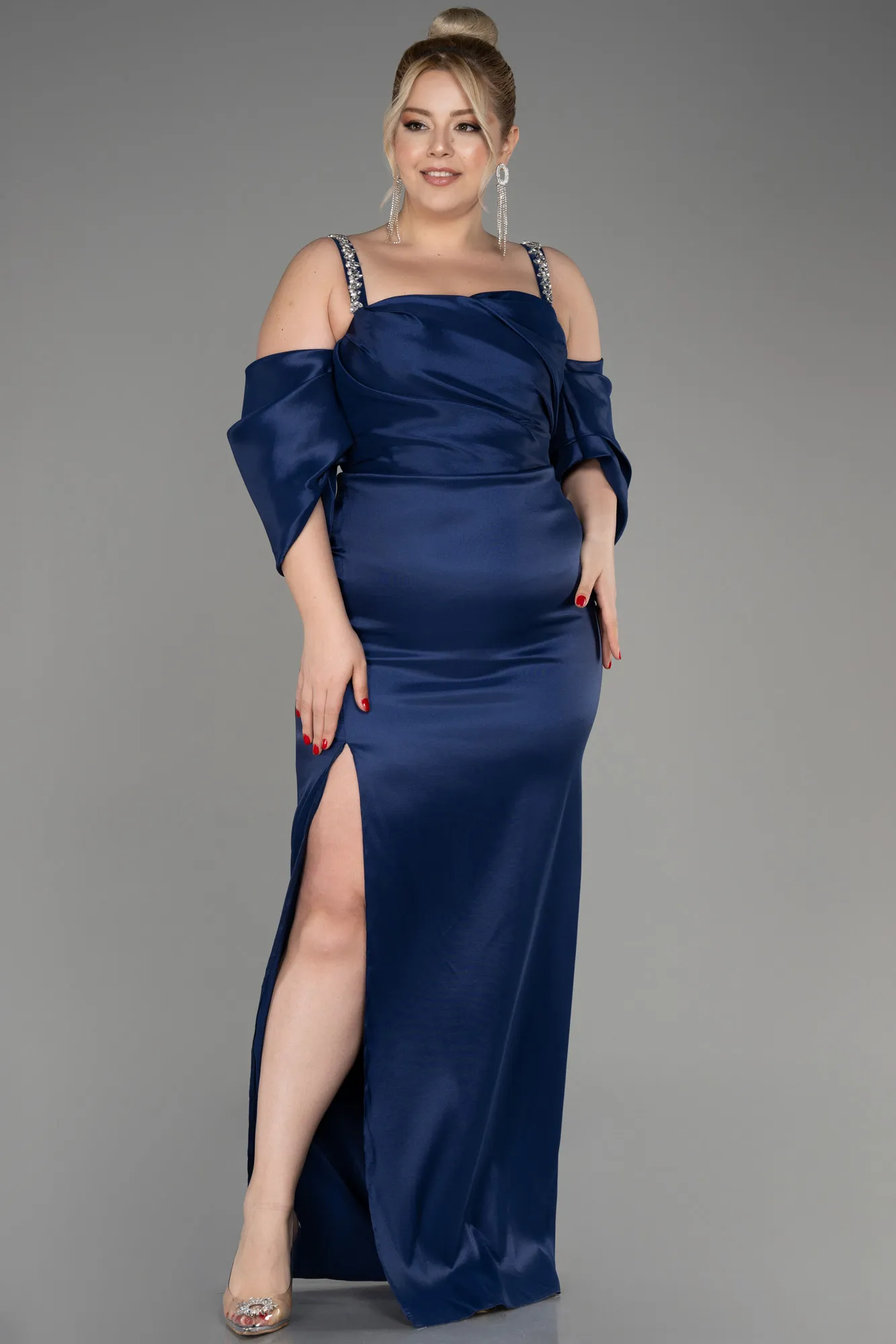 Navy Blue-Slit Long Plus Size Evening Dress ABU3921