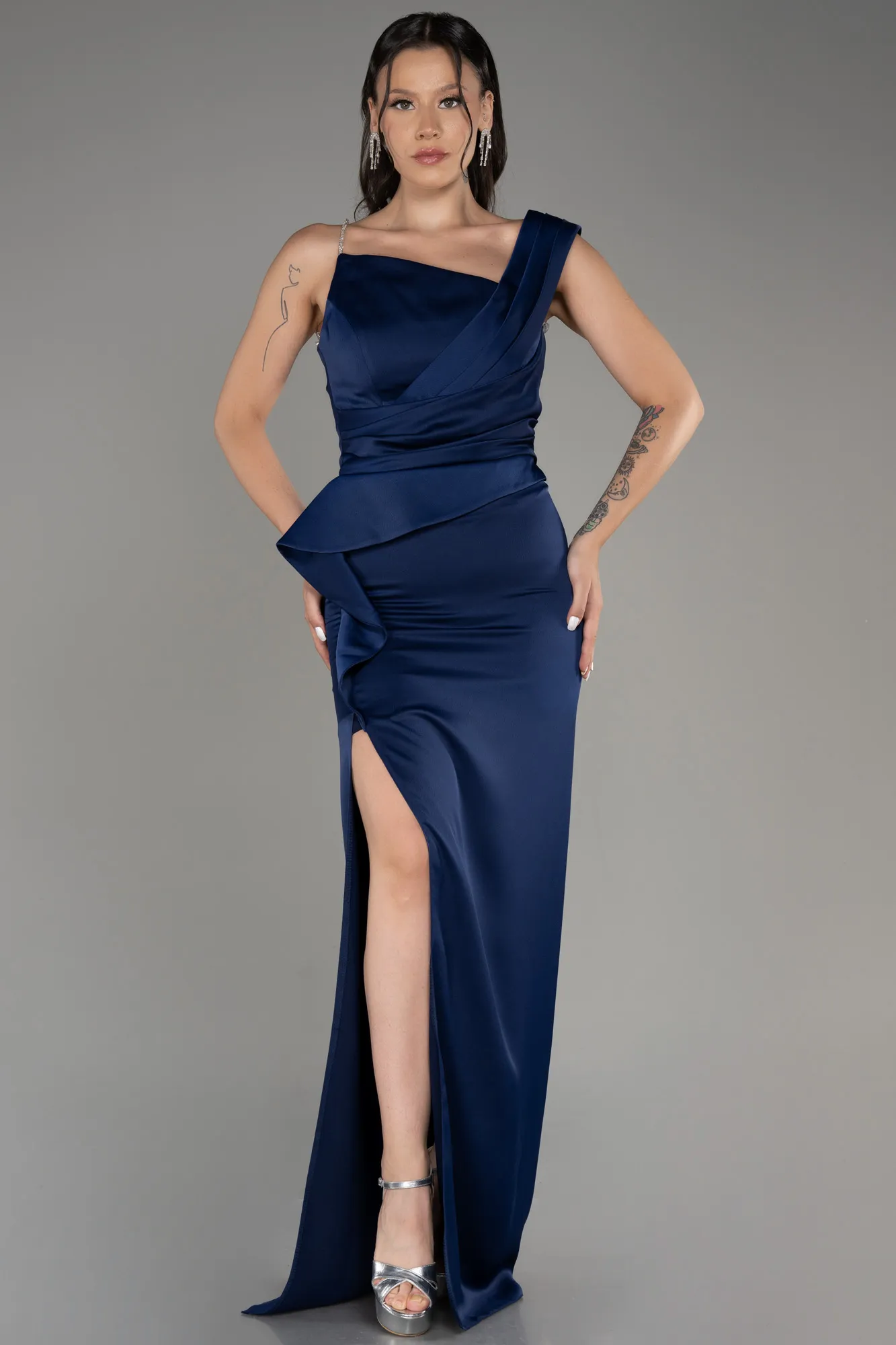 Navy Blue-Slit Long Satin Evening Dress ABU4014