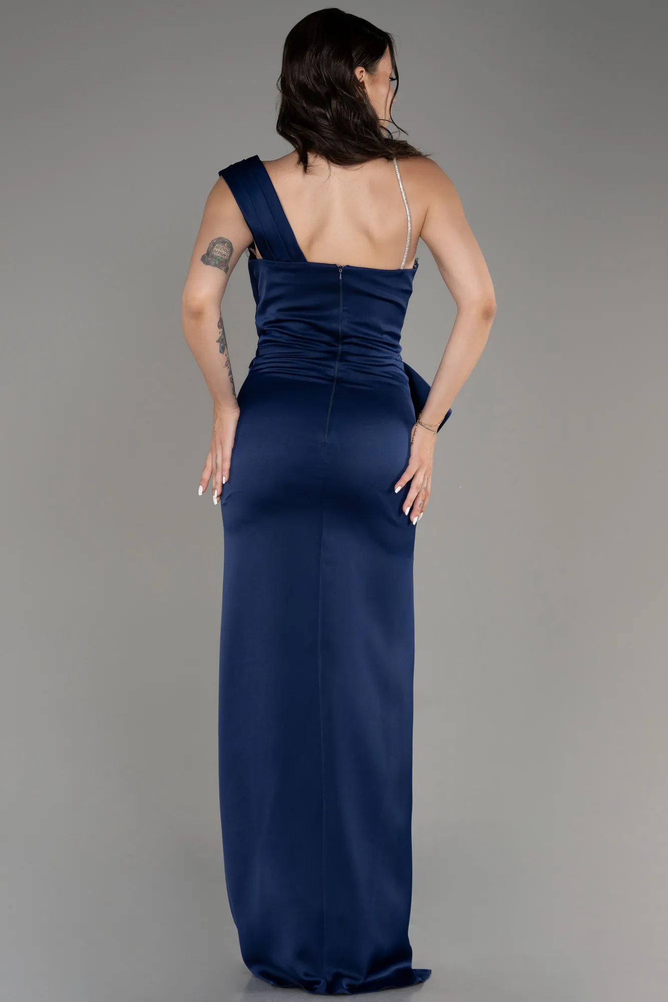 Navy Blue-Slit Long Satin Evening Dress ABU4014