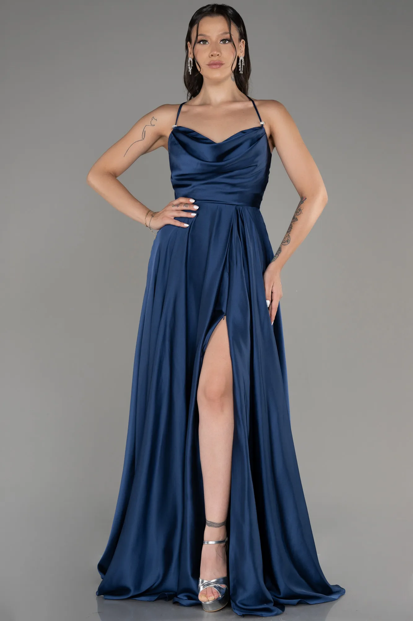 Navy Blue-Slit Long Satin Prom Dress ABU4017