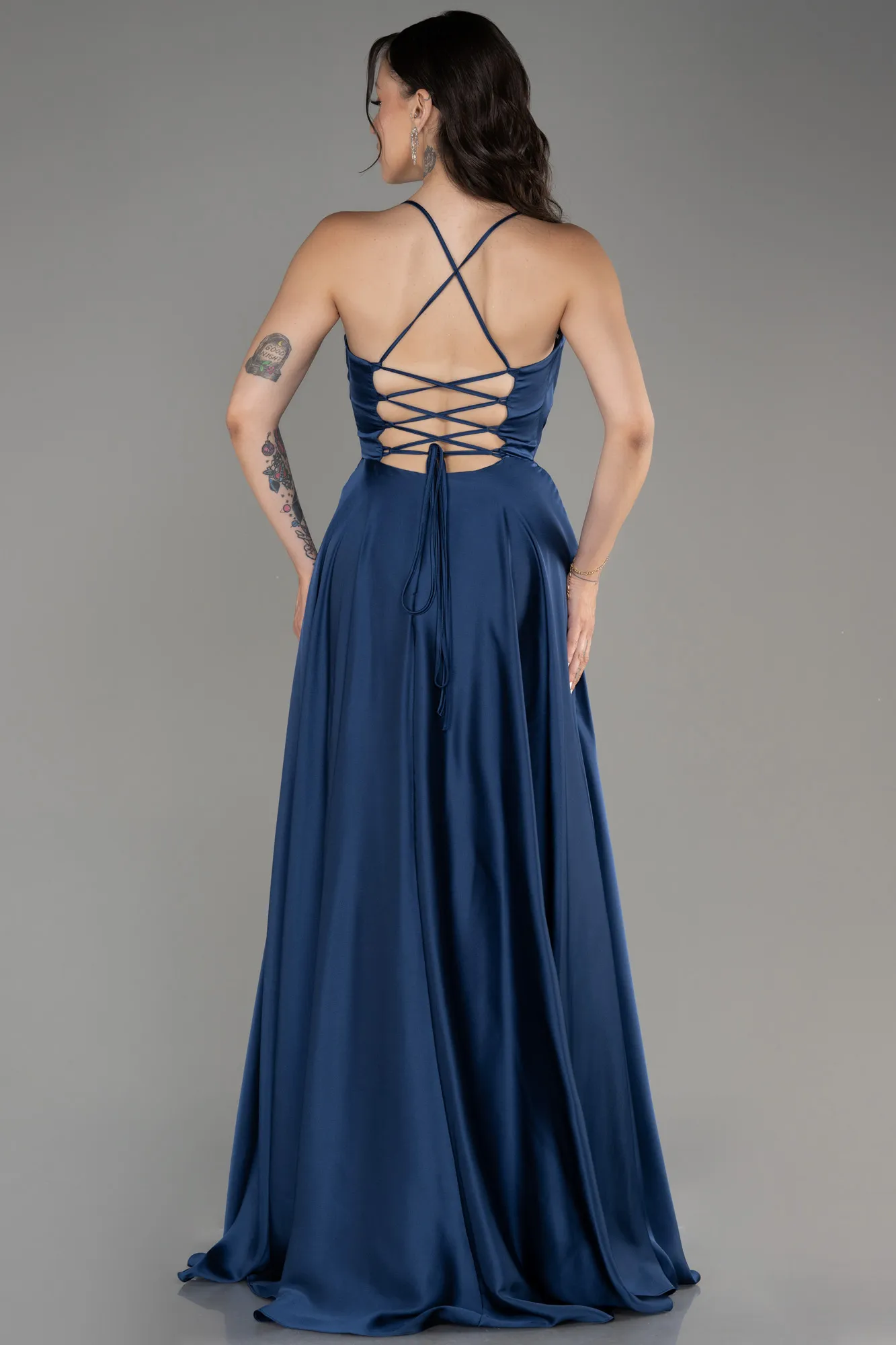 Navy Blue-Slit Long Satin Prom Dress ABU4017