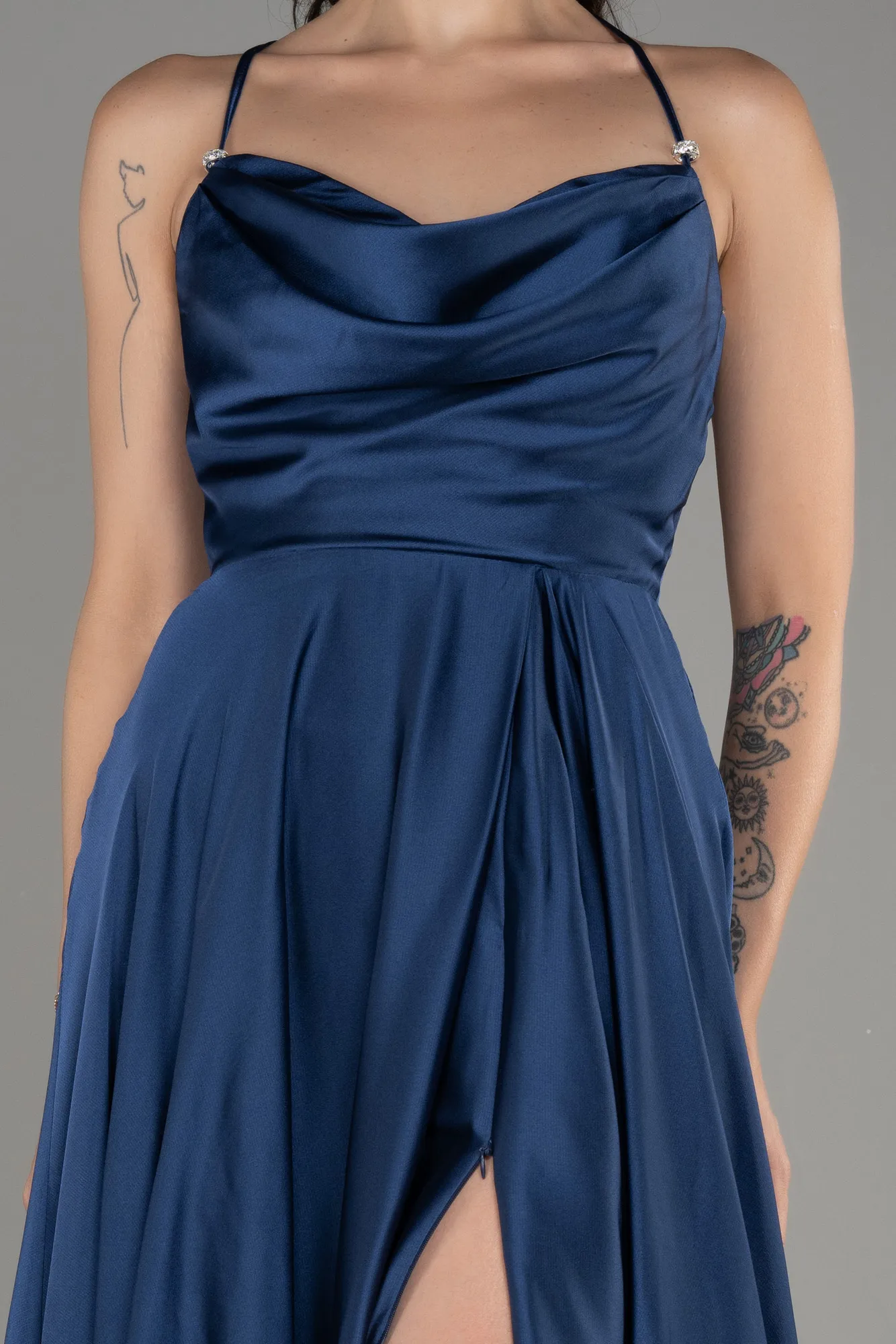 Navy Blue-Slit Long Satin Prom Dress ABU4017