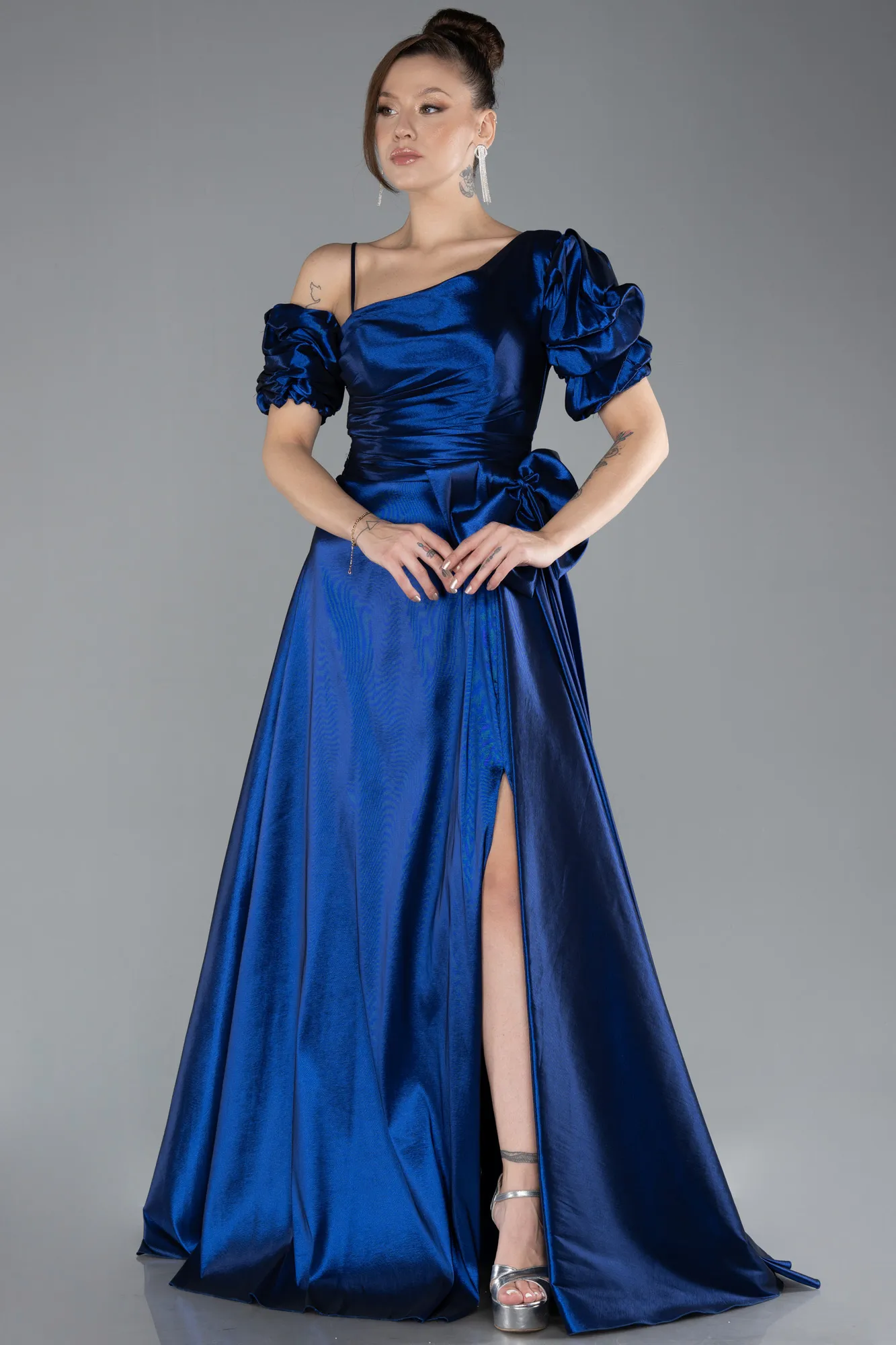 Navy Blue-Slit Long Satin Prom Gown ABU4502