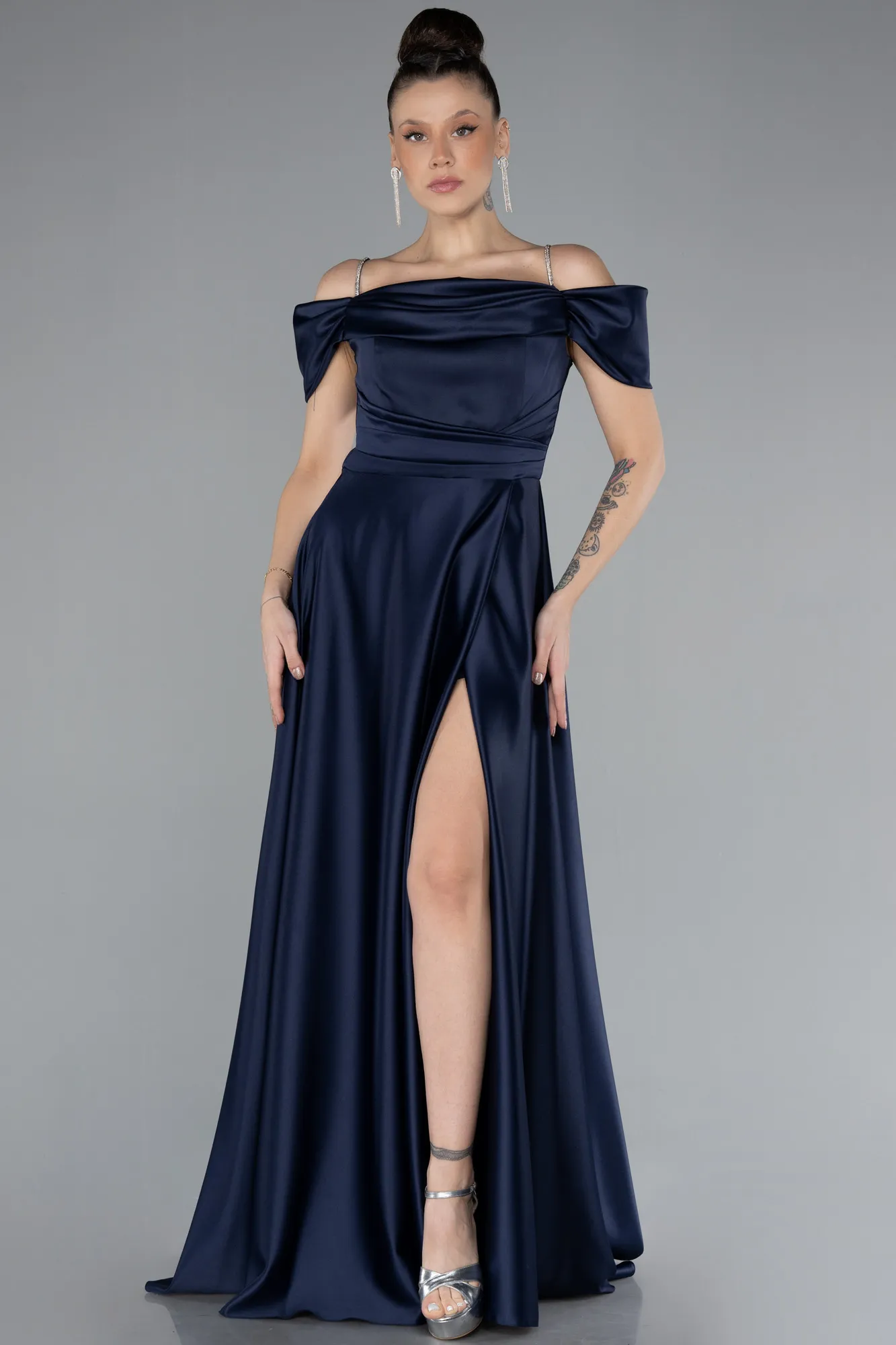 Navy Blue-Slit Long Satin Prom Gown ABU4531