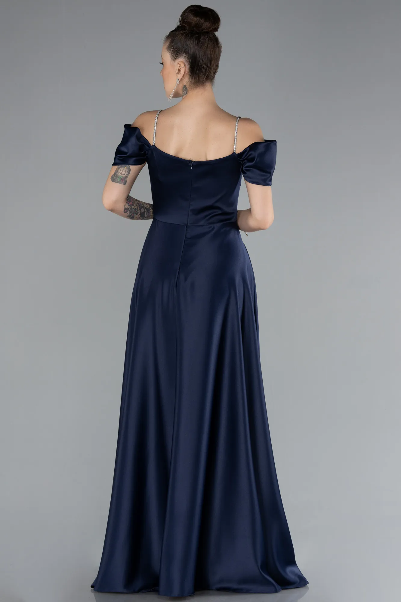 Navy Blue-Slit Long Satin Prom Gown ABU4531