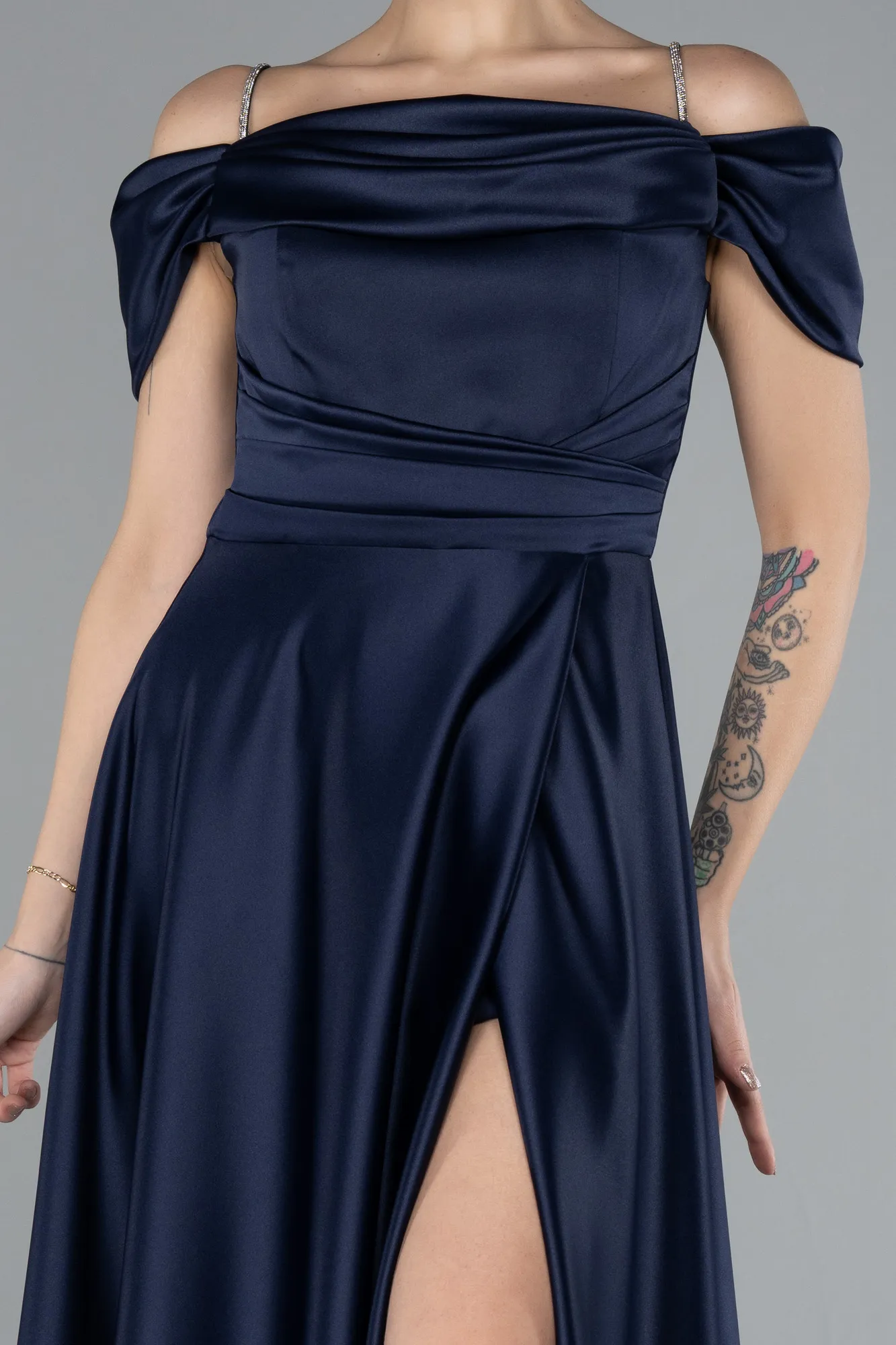 Navy Blue-Slit Long Satin Prom Gown ABU4531